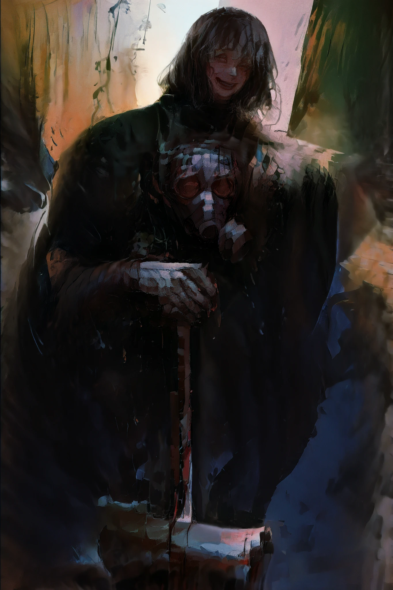 man A sinister mercenary standing in a post-apocalyptic battlefield, holding a blood-stained hand axe in one hand. The figure is clad in worn-out powered armor and a tattered dark cloak, with exposed mechanical limbs and a twisted smirk on their face. Their posture is slightly hunched, exuding a disturbing and threatening aura, like someone who enjoys the chaos of destruction. Acid rain falls from a toxic sky onto ruined industrial buildings and debris-strewn streets. Hyper-detailed textures, cinematic lighting, muddy and wet environment, dark muted colors, realistic rendering, gritty and dramatic atmosphere. the charactter looking down menacingly. no gasmask
maniac face
--negprompt: gas mask, anime-style, cute expression, clean or soft background, bright colors, soft lighting