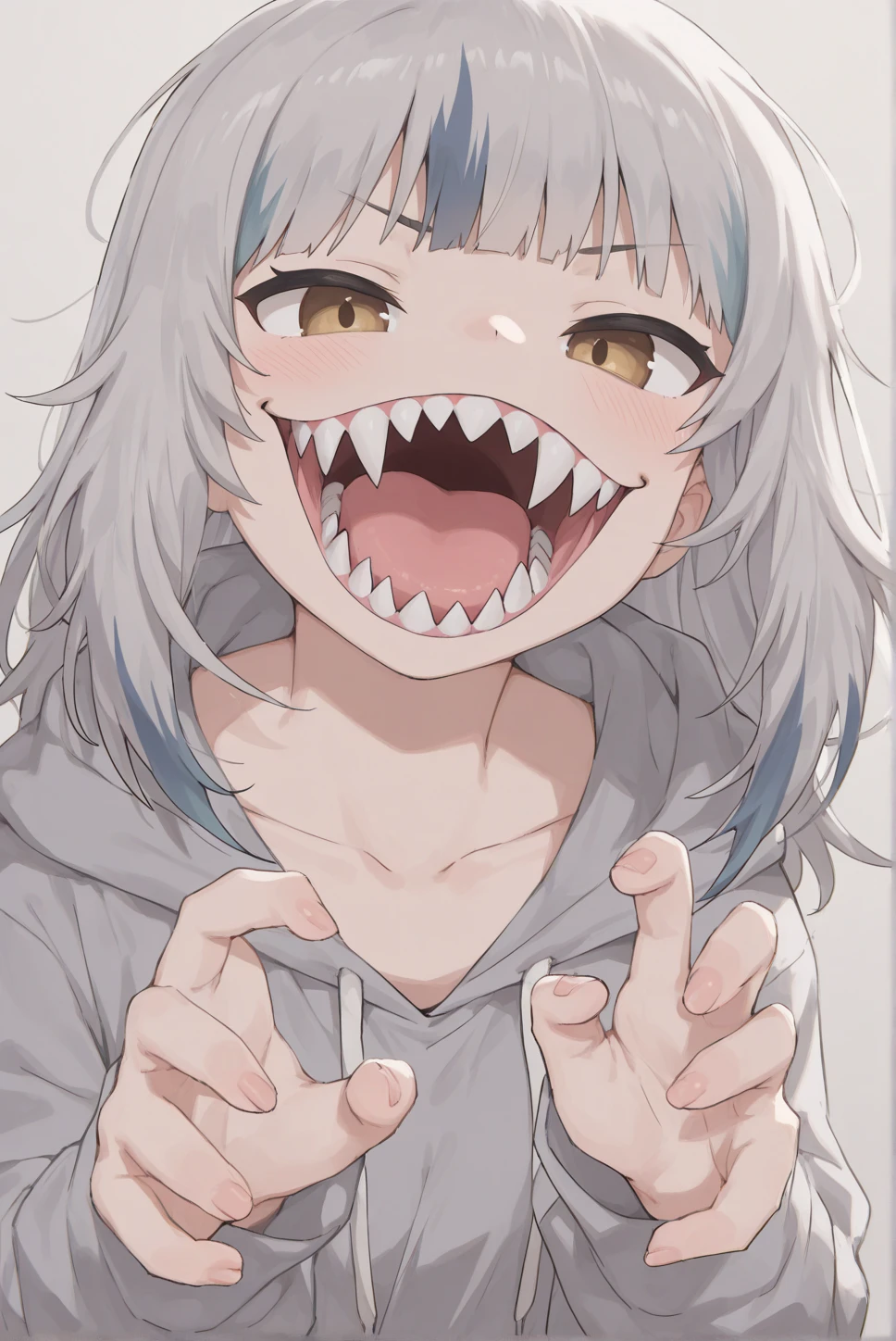 Androgynous, long hair, White hair, Gree eyes, Sharp teeth, laughing maniacally, mist
