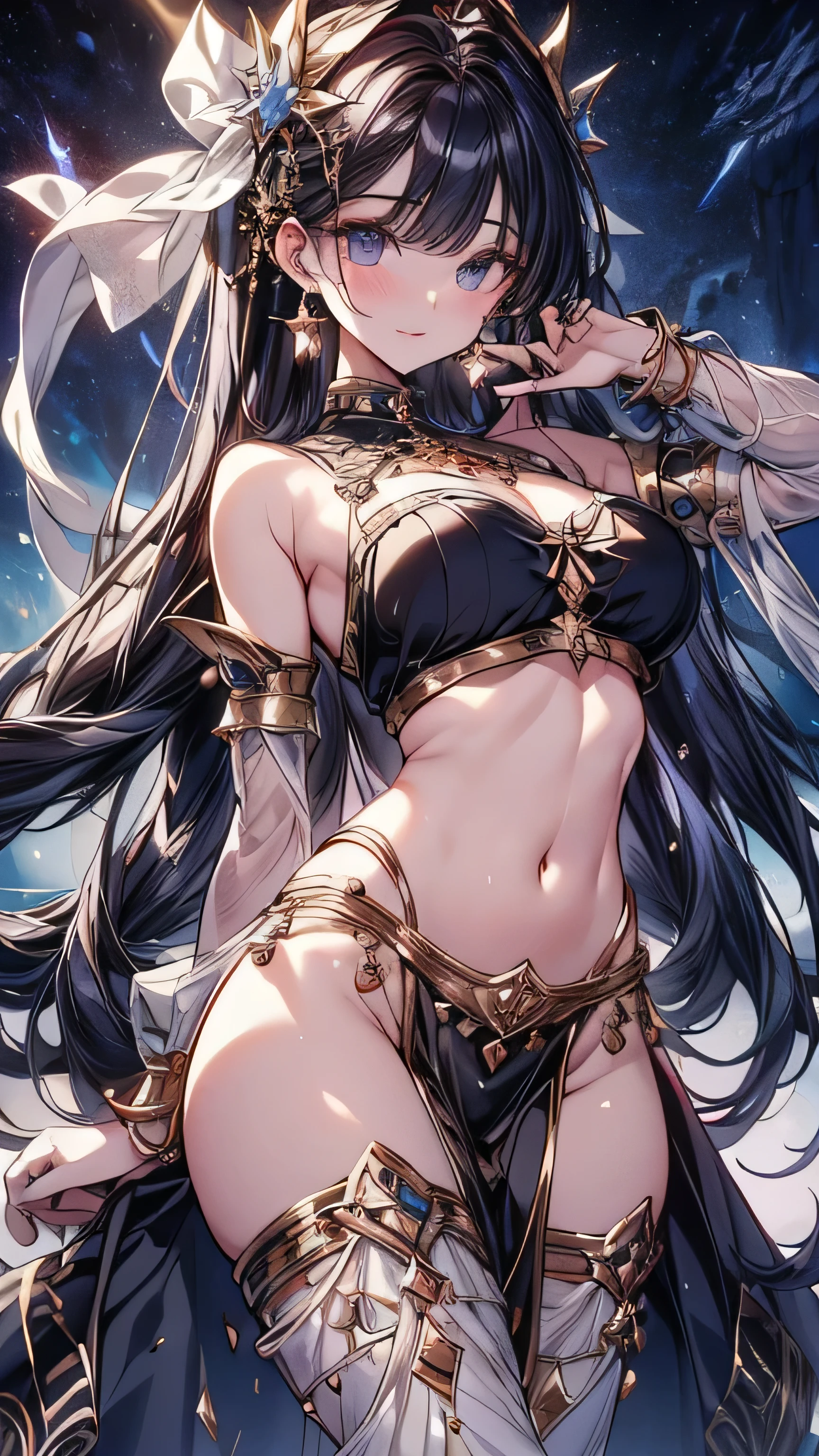 best quality, masterpiece, Black Hair, blue eyes, look up, Upper Body,Big Breasts,Exposing belly,Navel