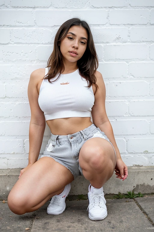 (best quality, highres, photorealistic:1.37),ultra-detailed,beautiful fit young woman,wet cut-off t-shirt and micro jean shorts,small breasts,athletic body,very long loose hair,front view,very long legs,squatting with legs spread,smiling,studio lighting,vivid colors