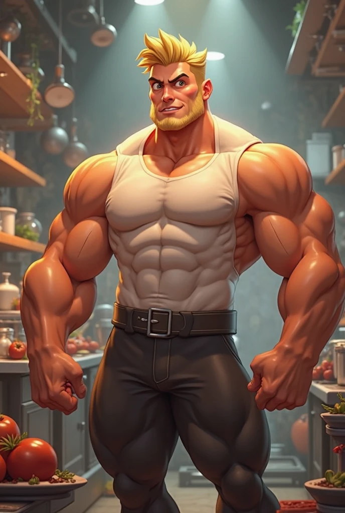 An extremely muscular man, with veins protruding from his powerful muscles, and red hair and beard. He is holding a glass and pouring water into it with a glass jug, in the background the kitchen of a house