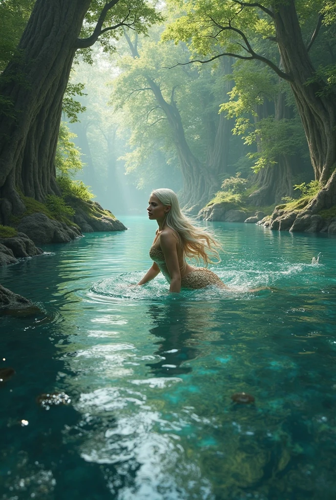 "{{A graceful naiad}}, a water nymph from Greek mythology, emerges from a crystalline pool in a lush, sun-dappled forest. The naiad has long, flowing hair adorned with seashells and aquatic flora, and her iridescent, translucent wings gently catch the light filtering through the trees. The scene exudes a sense of tranquility and mystique as the naiad gazes serenely into the distance. The camera, employing a 70mm lens, captures the fine details of her ethereal form and the play of light on the water droplets. The image should be rendered in a photorealistic style, emphasizing the naiad's enchanting presence and the natural beauty of her surroundings. Set the resolution to 8K for exceptional detail and realism."
