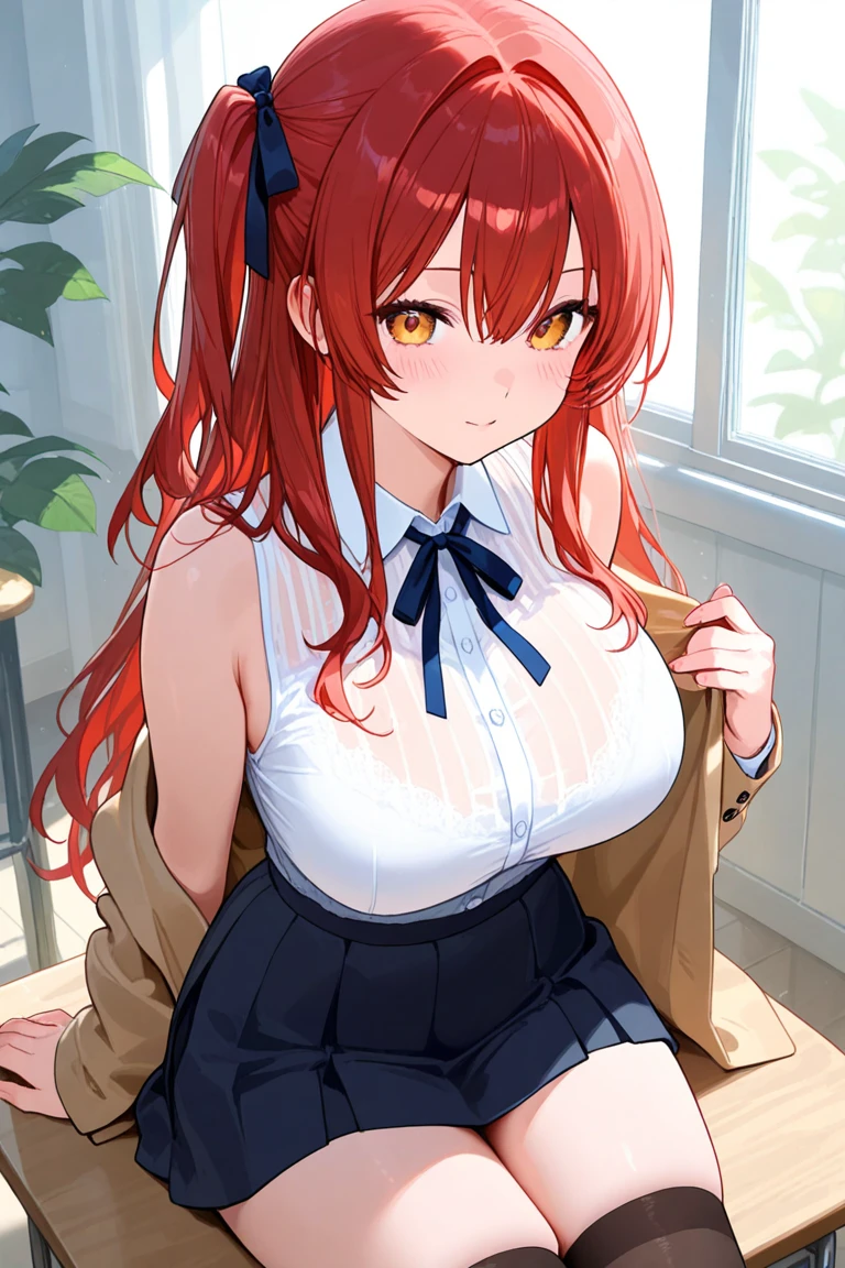 1 Female,High definition,high resolution,Ultra-realistic,8K, 1girl, solo, red hair, red eyes, twintails, employee uniform, pencil skirt, skull print, navy cap, fang, black legwear, white gloves,European,sexy,Upper body close-up,Photographed from the front,Dynamic Angles,blush, big tits , happy, wink the eye,facial, sweat,(wide thighs:1.4),(black panties),(show panties),(spread legs),(cameltoe)