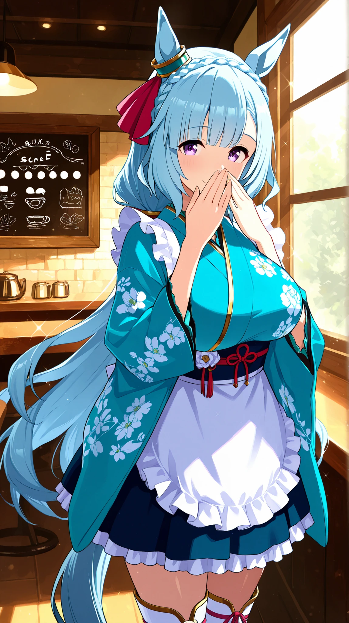 master piece, professional quality, high resolution, 8k, ultra detailed, Ruffled white Apron, Light blue kimono, Kimono maid, Flower patterned kimono, Cross-laced white boots, mejiro ardan /(umamusume/),1 girl, solo,  so beautiful , Cute girl, Very pretty, Beautiful girls, light blue hair, long hair, (low ponytail),  Very smooth and beautiful hair,  crown braid, light purple eyes, shiny eyes, detailed eyes, Horse ears, big breasts, horse tail, cheerful , beautiful face and skin,  horse ears, ear ornament, high brightness, sunbeam, light sparkles, The interior is bright with light coming through the windows, cowboy shot, from front, look at viewer, covering mouth,  Inside the Japanese-style cafe, Antique Interior, Stylish interior, score_9, score_8_up, score_7_up,