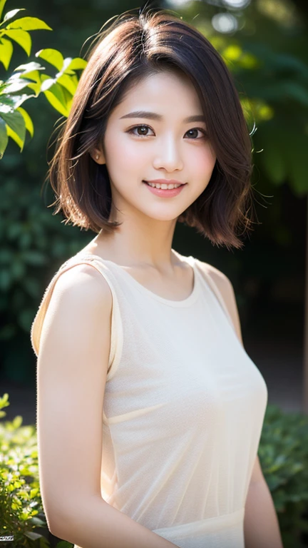 high quality、Attention to detail、masterpiece、8k shooting、18-year-old high school girl、Upper body front selfie style、Cute bob cut for round faces、Smiling Japanese person、In the summer park、night、Armpit sweat、Armpit Pose、Show your armpits、Idol、beautiful girl、Sweaty