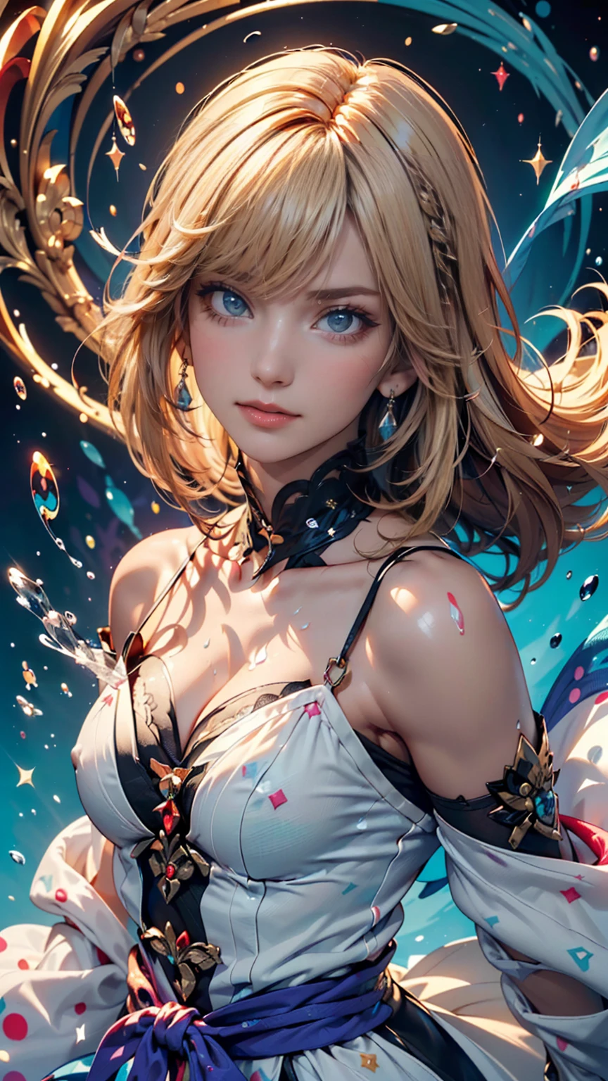 streaked hair, bangs, side ponytail, hair intakes, floating hair, hair bow, jewelry, antlers, bead necklace, star hair ornament, eye reflection, heart-shaped pupils, aqua eyes, glowing eyes, gradient_eyes, longeyelashes, orange eyes, deer ears, light blush, nose blush, rococo style, Futurism, anime, Abstractionism, motion blur, cinematic lighting, ray tracing, 135mm, UHD, high details, highres, best quality