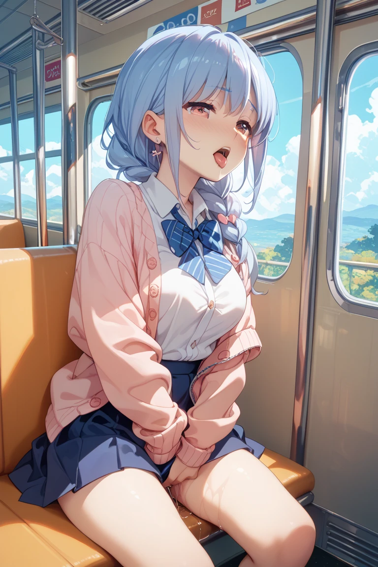 masterpiece, best quality, very aesthetic, absurdres, 1girl, school girl uniform, sitting on seat, in train, key visual, highly detailed, looking at viewer
