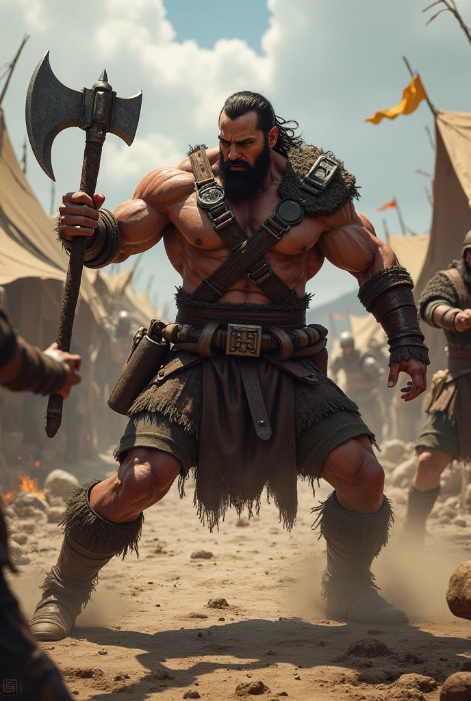 A muscular warrior with a red beard, holding a massive hammer, standing on a battlefield with an orange sky, highly detailed, 8k, photorealistic, professionally painted, cinematic lighting, dramatic composition, heroic, powerful, intense expression, chiseled features, glowing red hammer, swirling clouds, rugged terrain