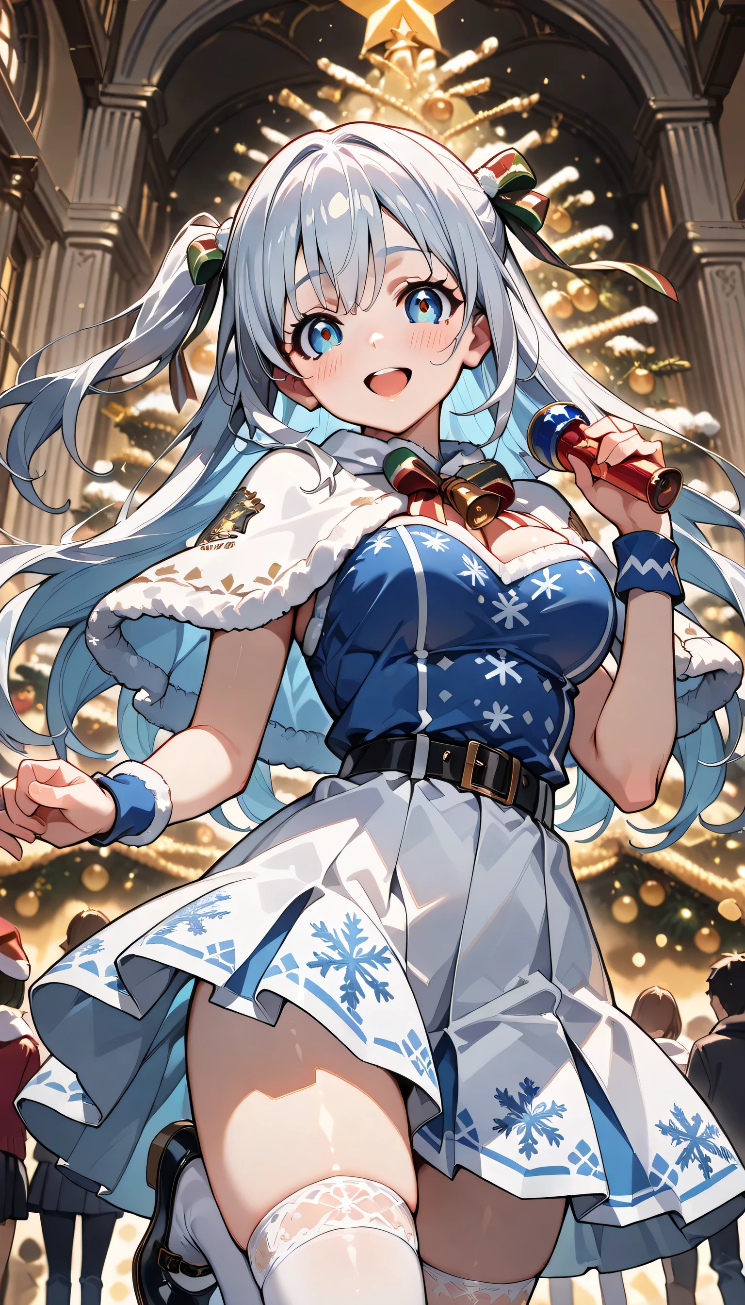 ((ultra-detailed)), (highly detailed CG illustration), (best quality:1.2), ultra-highly detailed, colorful composition, artistic photoshoot, 1girl, solo focus, ((thigh to top:1.4)), ((cowboy shot:1.4)), moe anime character, girl, dainty facial structure, (baby face), (round face), ((rounded chin:1.2)), ((ideal ratio body proportions)), (blue eyes), sparkle eyes, ((silver hair color:1.3)), long hair, two side up, (hair ribbon with red), (traditional red and white colors:1.3), (full, layered skirt with lace trimmings:1.4), (with snowflake patterns:1.5), (plush white capelet:1.6), (white knee-high stockings with red bows), (black Mary Jane shoes), (ta clothes), (inflated skirt), (long skirt), ample breasts, ((smile:1.3)), ((happy:1.3)), ((joyful:1.3)), ((blush:1.3)), ((standing by the European night city:1.3)), ((a parade at Christmas called the Festival of Lights:1.4)), ((people who live far:1.3)), dynamic pose, contrapposto pose, from front, best quality, masterpiece, expecting, pink cheek, blush, light pink gloss slip, portrait, depth of field, soft lighting, sidelighting, (shine), lighting, caustics, ray tracing, perfect face, lustrous skin, highly detailed face, highly detailed eyes, perfect face, perfect nose, perfect hair, perfect eyes, perfect anatomy, beautiful hair, beautiful small face, extremely detailed face, beautiful detailed eyes, beautiful clavicle, beautiful body, beautiful ample breasts, leavage, breasts squeezed together, equalize the size of the left and right breasts, beautiful thin thighs, beautiful legs, beautiful fingers, 4 fingers, 1 thumb, lovely, (very detailed background:1.0), (highly detailed background:1.0), winter aesthetic, intricate details, Christmas atmosphere, winter colors palette, chromatic aberration