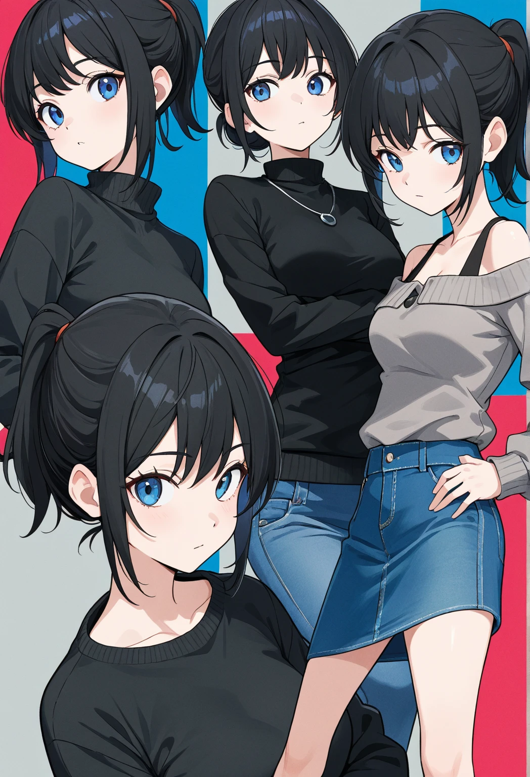 Cute s、is wearing idol costume、Her anime illustration face in soft color palette style、animated gif、Hand-drawn animation、charming sketches、Smooth and shiny background - AR 1:1 - Rainbow 5 - Expressive in style - S 50(Best Quality, masutepiece, Raw photo,Ultra-detailed:1.2),Black hair,Blue Inner Color Bob,Red Eyes,Top image quality,8k,A smile,straight haired, The head is near the center of the screen,frontage,a cute ,from the front side,1 girl in,Wide Angle,Hair is tied in a bun on one side,Short hair,float in the background,a miniskirt,Kamimei,View from above,The upper part of the body, Hold the microphone and sing
