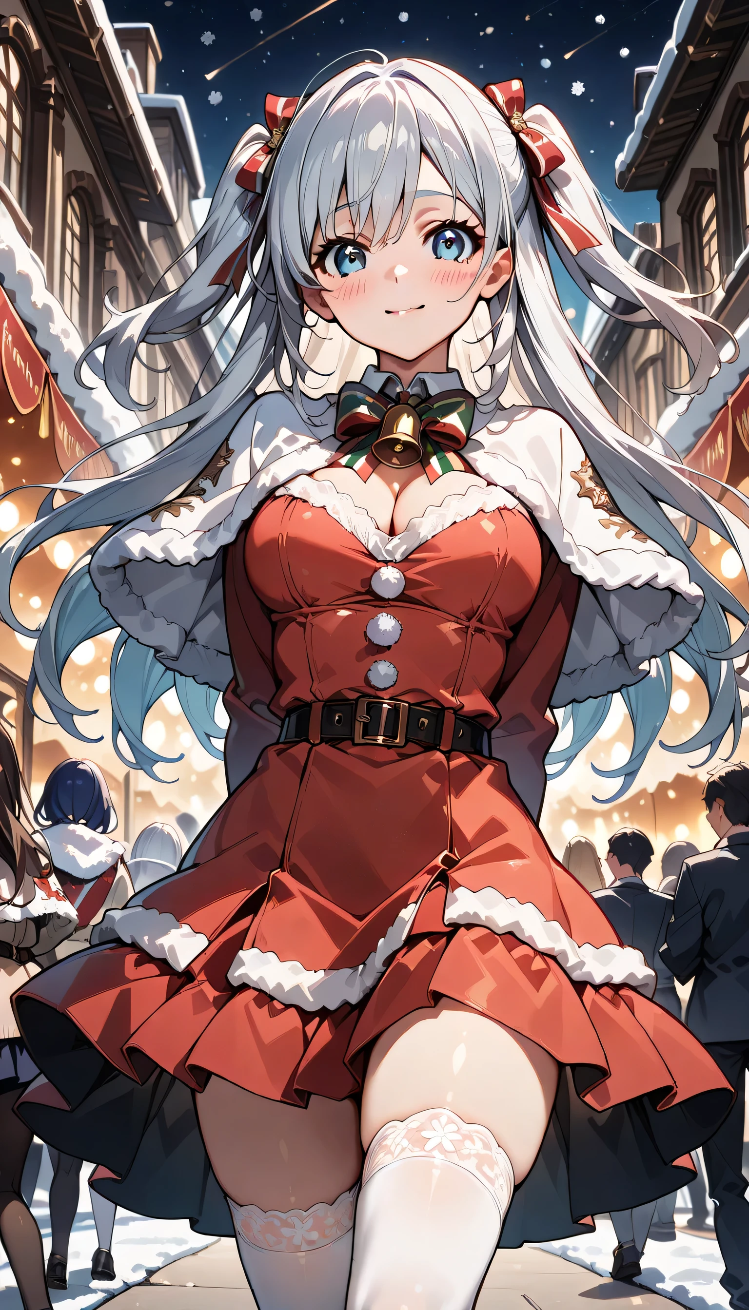 ((ultra-detailed)), (highly detailed CG illustration), (best quality:1.2), ultra-highly detailed, colorful composition, artistic photoshoot, 1girl, solo focus, ((thigh to top:1.4)), ((cowboy shot:1.4)), moe anime character, girl, dainty facial structure, (baby face), (round face), ((rounded chin:1.2)), ((ideal ratio body proportions)), (blue eyes), sparkle eyes, ((silver hair color:1.3)), long hair, two side up, (hair ribbon with red), (traditional red and white colors:1.3), (full, layered skirt with lace trimmings:1.4), (with snowflake patterns:1.5), (plush white capelet:1.6), (white knee-high stockings with red bows), (black Mary Jane shoes), (ta clothes), (inflated skirt), (long skirt), ample breasts, ((smile:1.3)), ((happy:1.3)), ((joyful:1.3)), ((blush:1.3)), ((standing by the European night city:1.3)), ((a parade at Christmas called the Festival of Lights:1.4)), ((people who live far:1.3)), dynamic pose, contrapposto pose, from front, best quality, masterpiece, expecting, pink cheek, blush, light pink gloss slip, portrait, depth of field, soft lighting, sidelighting, (shine), lighting, caustics, ray tracing, perfect face, lustrous skin, highly detailed face, highly detailed eyes, perfect face, perfect nose, perfect hair, perfect eyes, perfect anatomy, beautiful hair, beautiful small face, extremely detailed face, beautiful detailed eyes, beautiful clavicle, beautiful body, beautiful ample breasts, leavage, breasts squeezed together, equalize the size of the left and right breasts, beautiful thin thighs, beautiful legs, beautiful fingers, 4 fingers, 1 thumb, lovely, (very detailed background:1.0), (highly detailed background:1.0), winter aesthetic, intricate details, Christmas atmosphere, winter colors palette, chromatic aberration