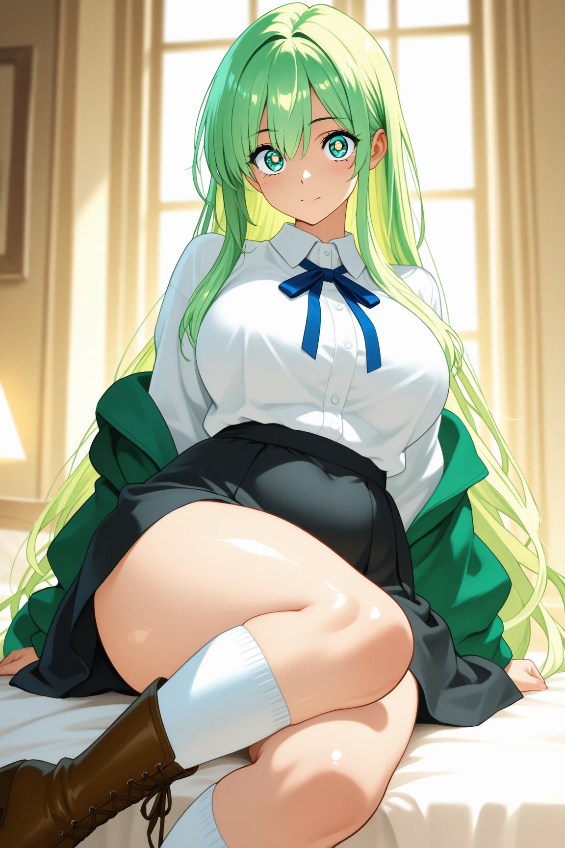 hot、Sigh, Very large breasts, squat,Spread your legs、Hands behind head、Green hair twintails、Cheerleader、mini skirt、Very wet、Composition looking up from a little below.、Simple Background、White panties、blush、Knee-high socks、