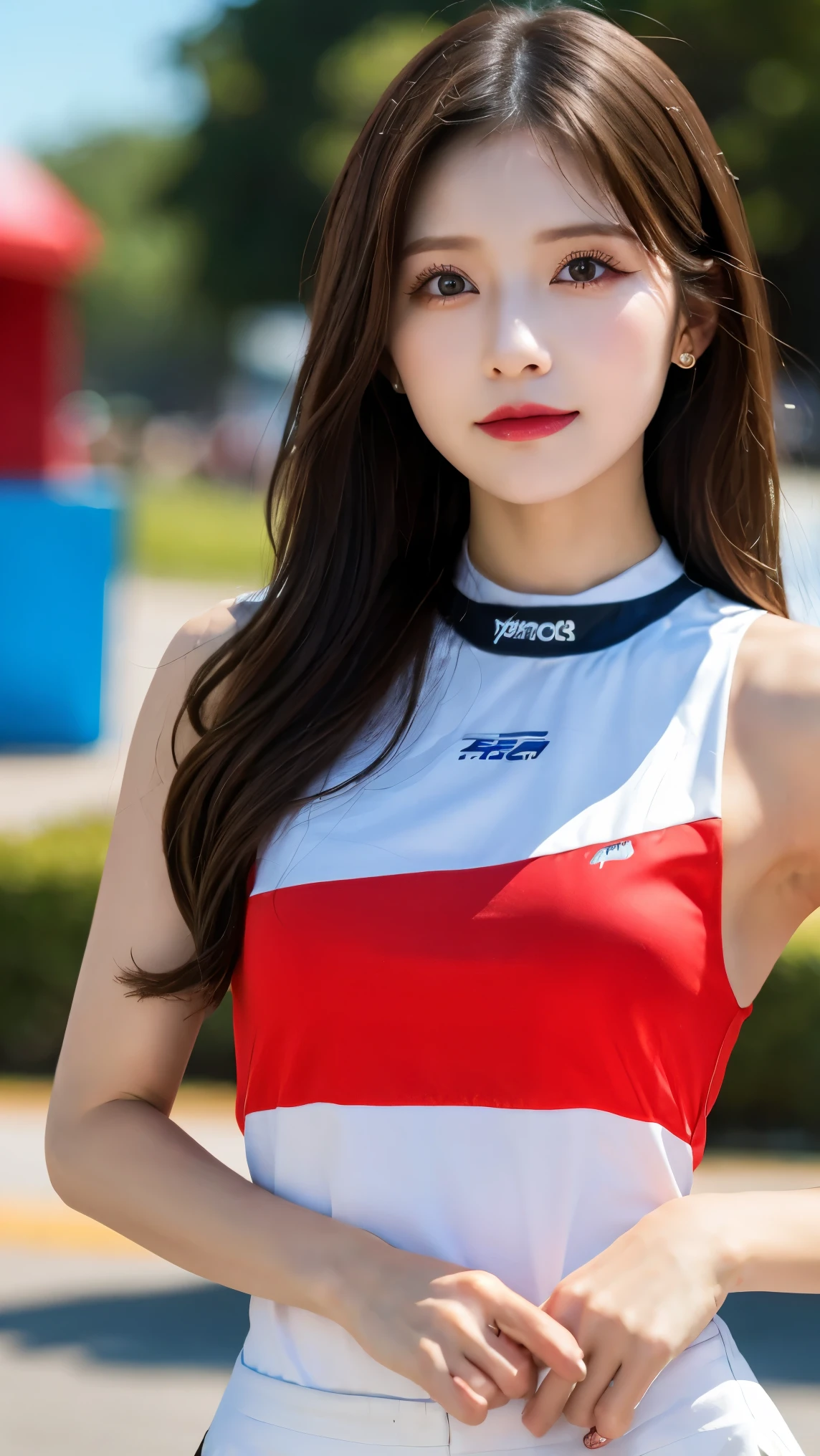 beautiful girl, Korean makeup, red lips, medium body shape, Medium bust, femoral, Cheerleading uniforms, Cheer up posture, stadium landscape