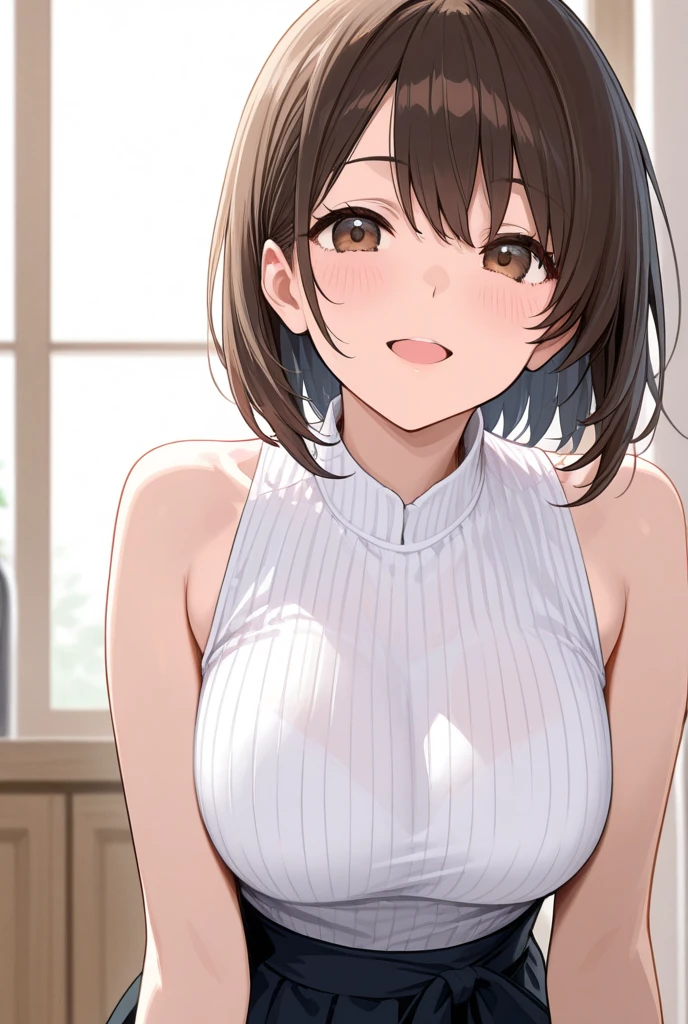 (High quality, High resolution, Fine details), BREAK (White pleated skirt), BREAK (Black sleeveless shirt), Necklace, Earrings, solo, curvy women, BREAK light brown hair, Stylish hairstyle, sparkling eyes, (Detailed eyes:1.2), smile, blush, Sweat, Oily skin, shallow depth of field