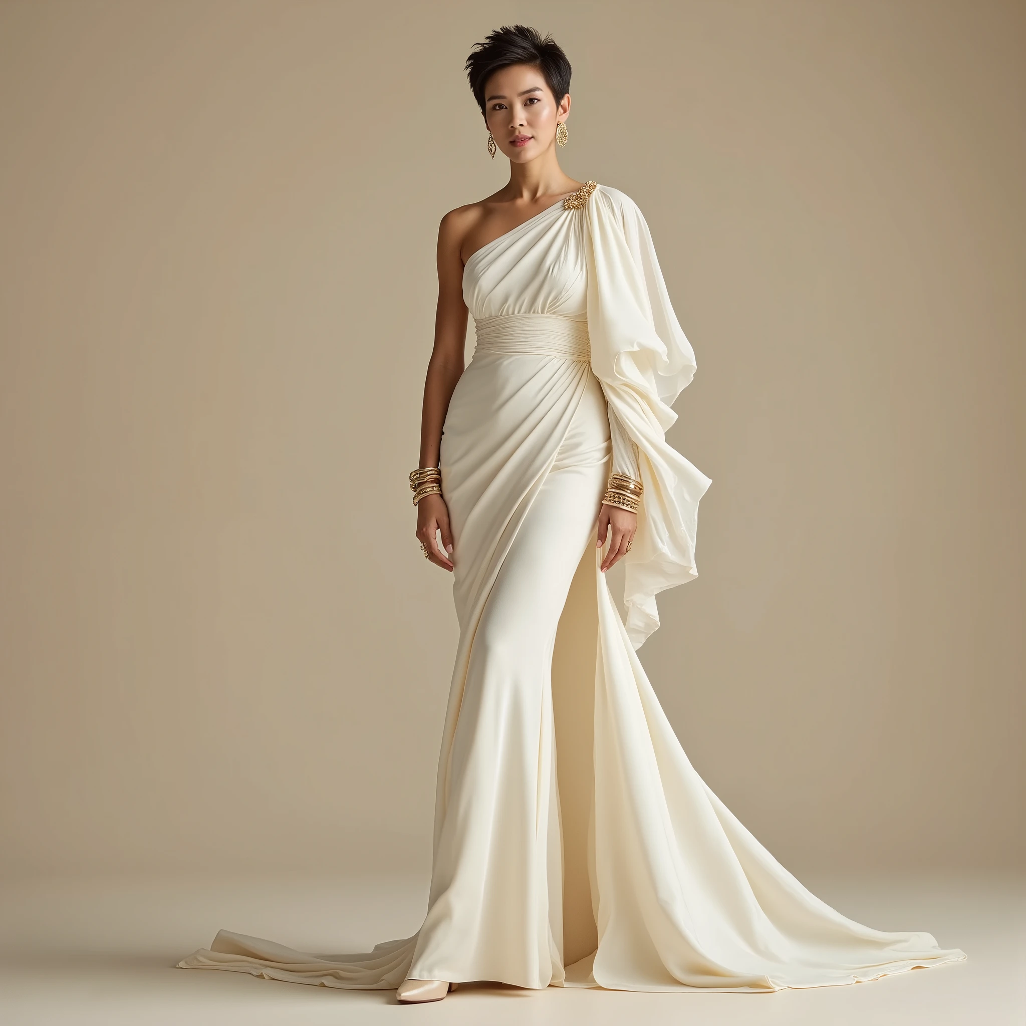 Full-body portrait of a graceful woman standing confidently in a studio with a soft neutral backdrop. She has a sophisticated aura, wearing a sleek, ivory one-shoulder evening gown with sculptural tailoring and modern draping. The dress features a single long sleeve that flows down to the floor, a high neckline, and an asymmetric cut with a subtle diagonal texture. The fabric is delicately sheer yet refined, enhancing the dress’s statuesque quality. Her hair is styled in a short, chic pixie cut, brushed with gentle volume. She wears minimal yet luxurious gold jewelry: hoop earrings, a cocktail ring, and bold bangles. Her makeup is polished and subtle, focusing on a flawless base, softly defined eyes, and a muted lip. Her expression is poised and self-assured, with her gaze directed slightly off-camera. Her pose is upright and elegant—one hand resting on her hip, the other dropping the long sleeve fabric effortlessly. Lighting is soft and diffuse, casting minimal shadows and highlighting the contours of her form and the fluid lines of her gown. Her shoes are refined pointed heels, peeking beneath the hem. The mood is haute couture sophistication with modern minimalism. fashion photography, editorial lighting, elegant silhouette, soft tones, minimal background, cinematic studio ambiance, high-fashion campaign, dramatic draping