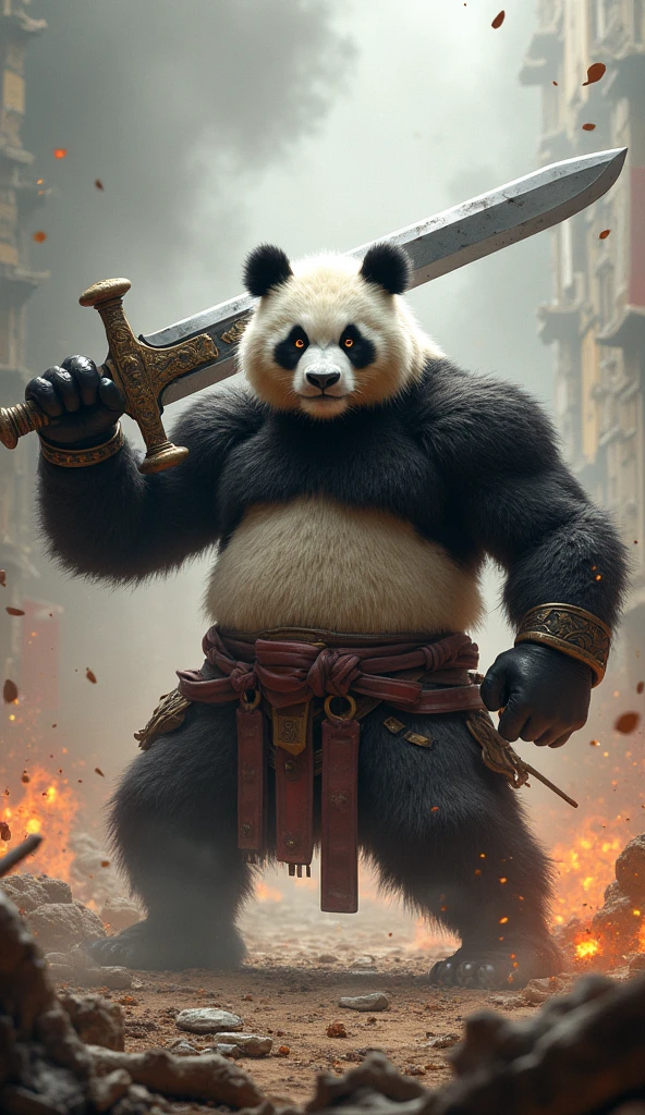 image> A photorealistic image of a panda bear dressed as a warrior, wearing a leather kilt and a leather chest plate, in a fighting stance, with a fierce expression on its face, in the style of a movie poster, 4k, cinematic lighting, dynamic pose, sharp focus, trending on artstation.