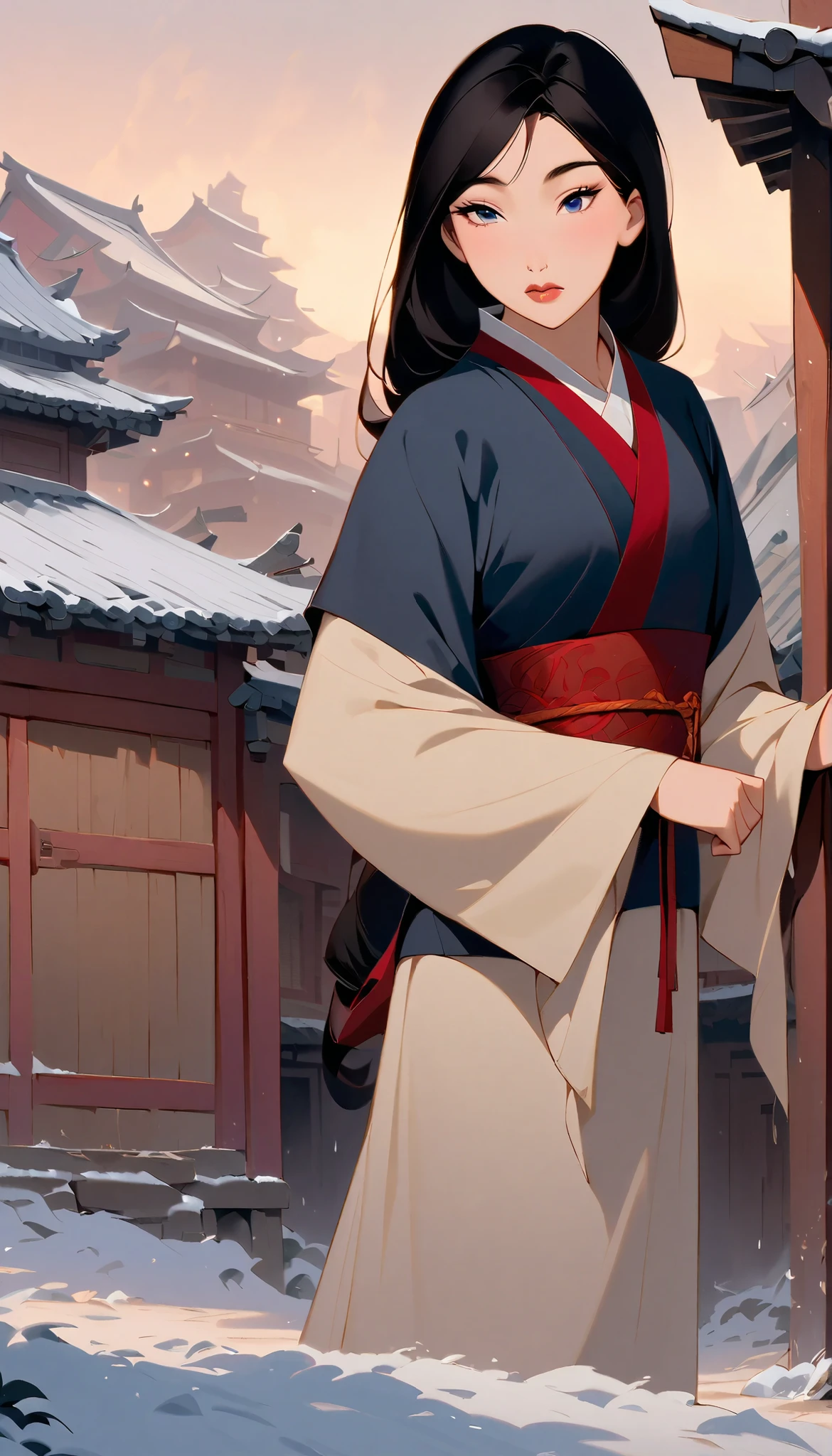 Hua Mulan,Show female shy,19 years old, like a porcelain doll, fine features, delicate,Black and red color scheme,poster,iconic disney characters。shonen style, anime style, straight hair, big hair, ((long hair)) ,japanese young woman warrior, black hair, traditional japanese dress, empty place, wooden fences, field
, winter, ((raining on winter)), bottom perspective, panoramic view, fantastic lighting, detailed, with an sword, ((perfect eyes)), ((really shy)), woman body, kunoichi, dutch angle, shinobi village, konohagakure, ((closed mouth)),((loooking down)), ((harsh winter)), a japanese esapdachim in the snowy borders of the land of fire with kirigakure