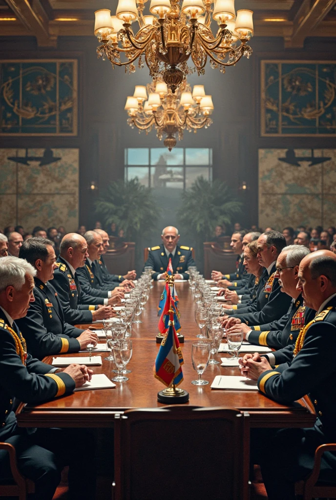a highly detailed photo of german 1940 generals and commanders in a meeting room, realistic, photorealistic, 8k, ultra-detailed, professional, dramatic lighting, intense expressions, serious demeanor, military uniforms, oak table, chandelier, German flags