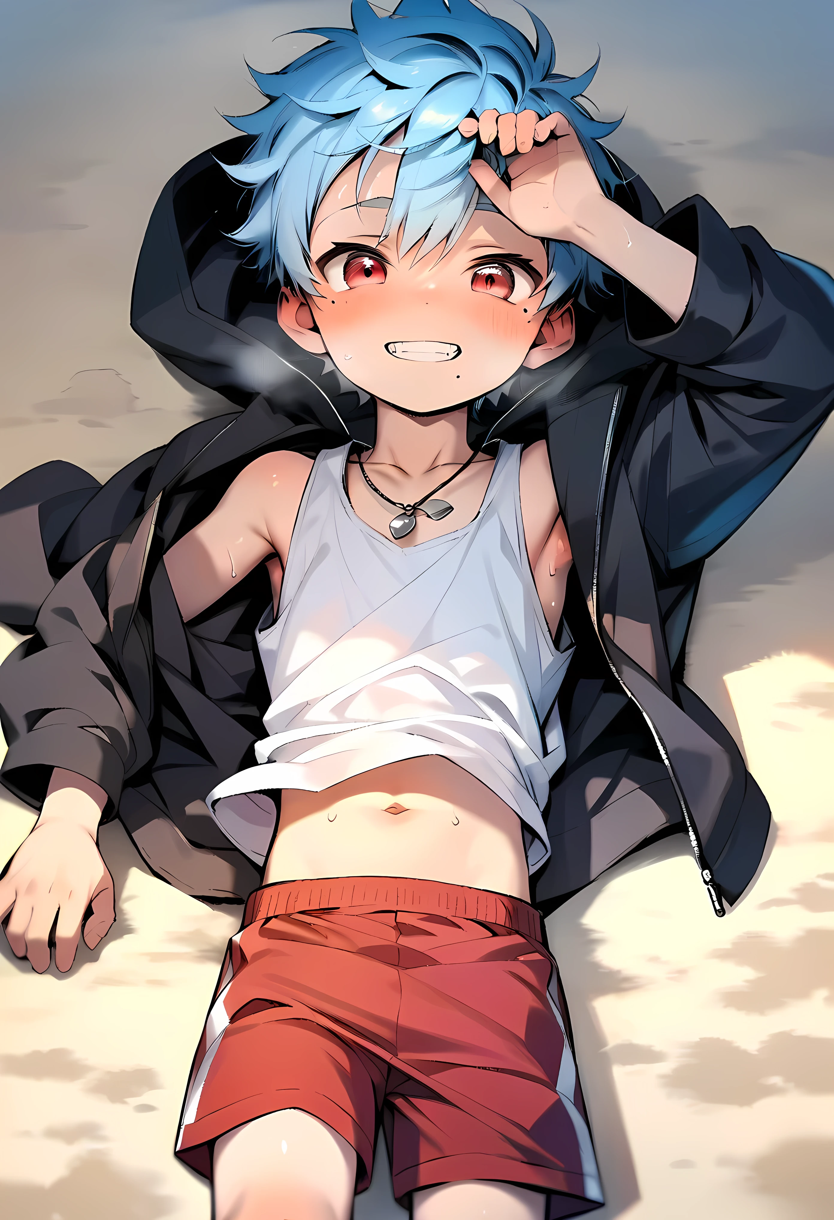 (score_9, score_8_up), (ultra detailed), (8k), (cute face), (detailed eyes:1.3), (shiny eyes), (masterpiece eyes), (1 boy), (shota:1.5), (lying on back:1.4), (lying on ground), (one hand on head:1.2), BREAK (white baggy tank top:1.3), (black hoodie), (particularly opened hoodie), (red shorts), (breathing:1.2), (grin:1.2), (light smile), (short hair), BREAK (light blue hair), (wine red eyes), (eyes with highlight:1.2), (black irises), mole under eye, fang, (five fingers), BREAK (on sports track:1.3), (red brown asphalt), (dusty skin:1.3), (dusty clothes:1.3), (sweat hair), (wind blowing), (cinematic lighting), (cool torn:1.2), (silver necklace), (collarbone), from above,