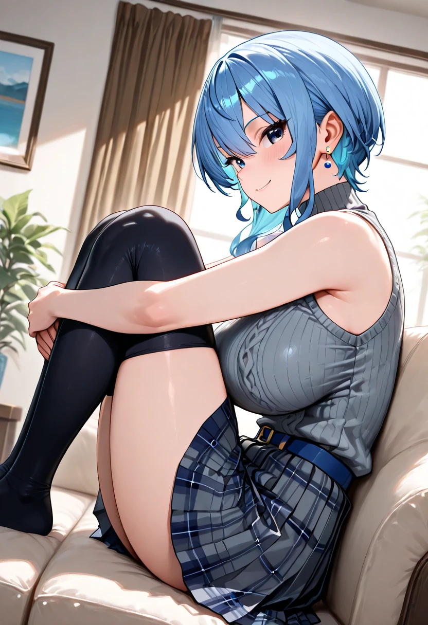 Solo, Delicate face, Long eyelashes, Narrow eyes, (High ponytail: 1.3), (Blue eyes: 1.3), (Ocean blue hair and white mesh: 1.2), Big Cleavage, Slim, Tartan Check, Music Room, angle from top, uniform, light blue underwear, Sweat, sit on chair, Open legs, Open legs, Open mouth, Tongue out, Open Legs Wide, Crotch, , sheer