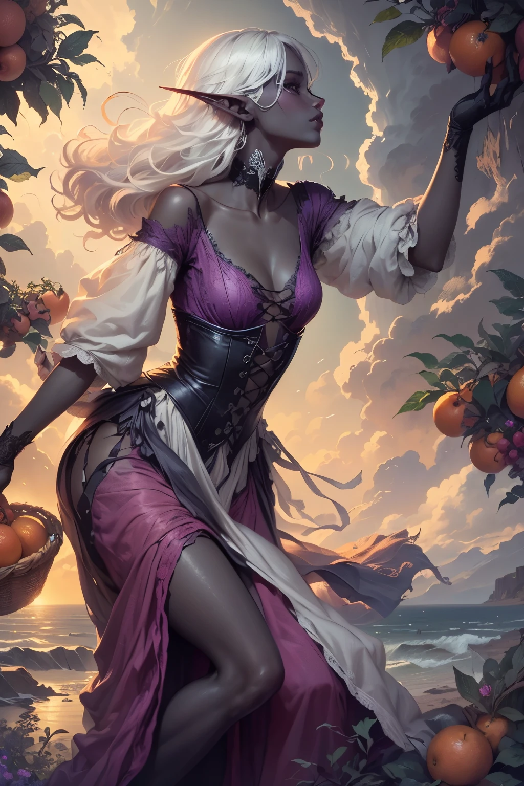 (Ultra-detailed face, Looking Away, Gothic Illustration, Dark Tone Colors.) , BREAK
(A medieval Italian orchard. A dark elf woman bends over and twists her body, reaching out her hand in a bold pose to carefully harvest the fruit of an Italian orange. She has white hair, dark purple skin, wears a simple old-fashioned lace-up dress of young gray-colored linen, and sandals. The painting depicts the woman from a perspective looking down on her from above. A fresh sea breeze is blowing.) , BREAK
(The female dark elf has white hair and white eyebrows, crisp bangs, long wavy hair to her waist, small pink lips, lavender eyes, dark purple skin, and dark eyeliner.)