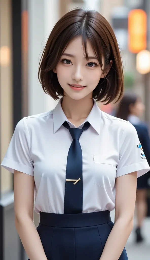 (table top, highest quality:1.2), 8K, 15 years old, 85mm, official art, Raw photo, absurd, white business shirt, cute face, turquoise eyes、close, Upper body, viola lace, gardenia, beautiful girl, school uniform, (navy pleated skirt:1.1), Cinch West, thighs, short sleeve, classroom, ponytail、short hair、sit on a bench seat, looking at the viewer, no makeup, (smile:0.4), film grain, chromatic aberration, sharp focus, face light, clear lighting, teen, detailed face, background bokeh, (dark red tie:1.1)、日本の学校のclassroom、classroom