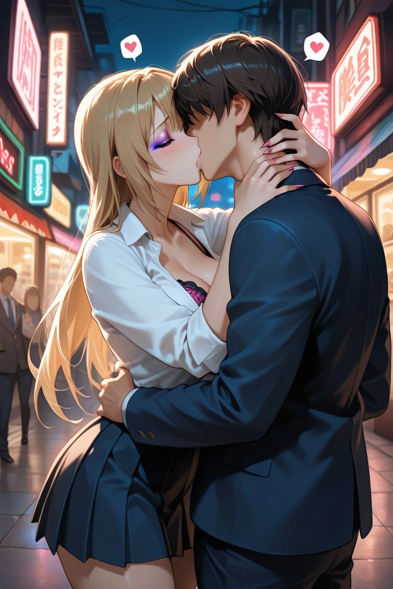 Masterpiece, Best Quality ,, 2 girls, Lily, (Kisses:1.8), (French Kiss), Blushing, Eyes closed, (tongue), (Saliva), (groping), Hands on breasts, Tongue sucking, Sweat, Business suit, Tight skirt, Pantyhose, disheveled clothing, Sheer panties, Blouse that sticks to body with sweat, Sheer underwear, Sexy lingerie, Half-taken off panties, No bra, Outdoor, Adultery, Nasty look, ecstasy, back alley, out-of-town, illuminated by street lamps, disheveled hair, leaking pee, damp feet, damp clothes