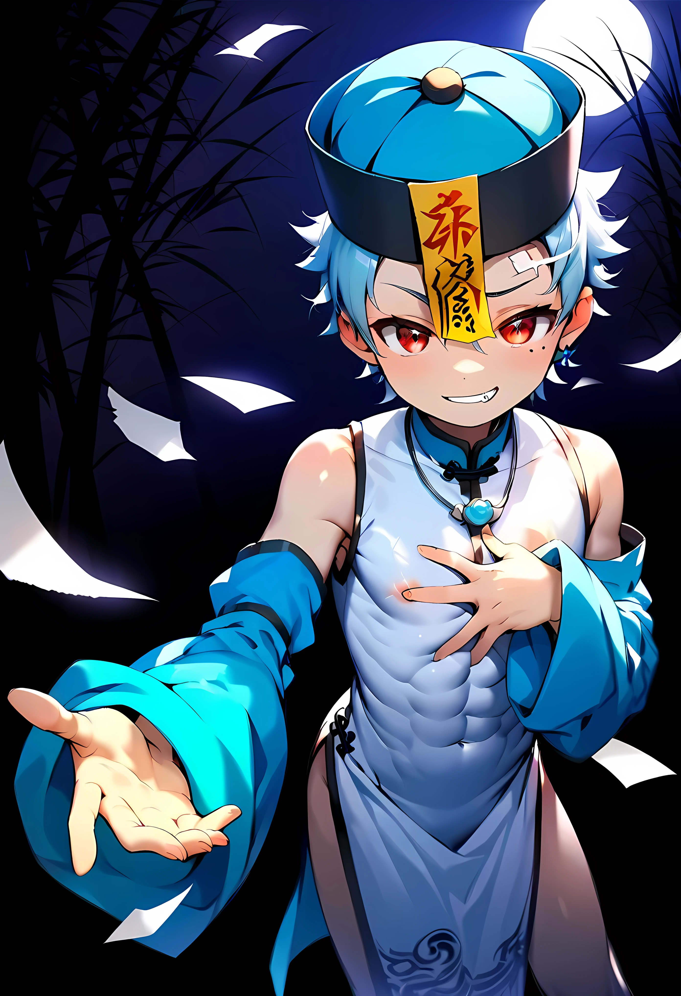 (score_9, score_8_up), (ultra detailed), (8k), (cute face), (detailed eyes:1.3), (shiny eyes), (masterpiece eyes), (1 boy), (shota:1.5), (standing:1.3), (one hand reaching:1.3), (one hand on chest:1.2), (five fingers), (bent over), BREAK (purple detached sleeves:1.2), BREAK (tight green chinese dress:1.4), (no see through), (cloth tightly clinging to skin:1.2), BREAK (light blue hair), (wine red eyes), (eyes with highlight:1.2), (black irises), fang, mole under eye, (smug:1.3), (grin), (light smile), (raised eyebrow), BREAK (blue white skin:1.2), BREAK (paper talisman on forehead:1.3), (jiangshi tag), (tall chinese jiangshi hat:1.3), BREAK (dark blue chinese hat with yellow tag:1.2), BREAK (dense bamboo forest:1.3), (bamboo stalks in background), (moonlight:1.2), (moon), (night sky), (blue lighting), (cool torn:1.2), (silver necklace), (nipple, pectrals muscle, abs), groin, (look at viewer), (soft shadow), (cool torn:1.2), (cinematic lighting), (wind blowing),