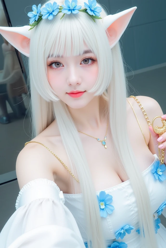 (masterpiece), (best quality), (ultra detailed),(illustration), (1girl),looking at viewer, (interview),beautiful detailed eyes, delicate beautiful face, Floating,(high saturation),(shining), cowboy shot,huge breast, blanc, playboy bunny, white leotard, short necktie, detached collar, wrist cuffs, fishnets, fake animal ears, very long hair, skinny, white hair