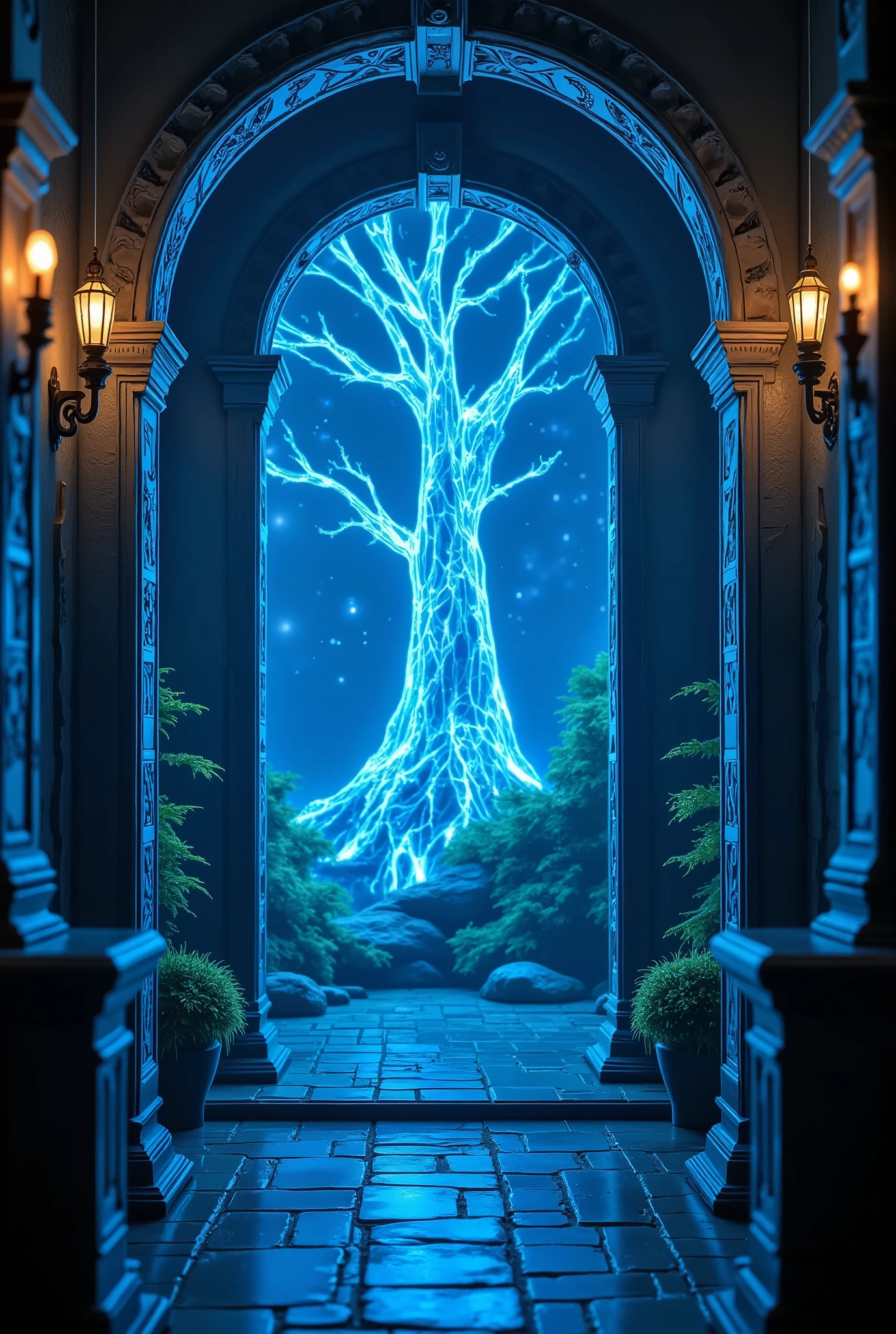 A beautiful portal with wood timber patterns, A beautiful world is visible in the, portal clearly and beautifully drawn, best quality, high detail, great Fantasy style, 