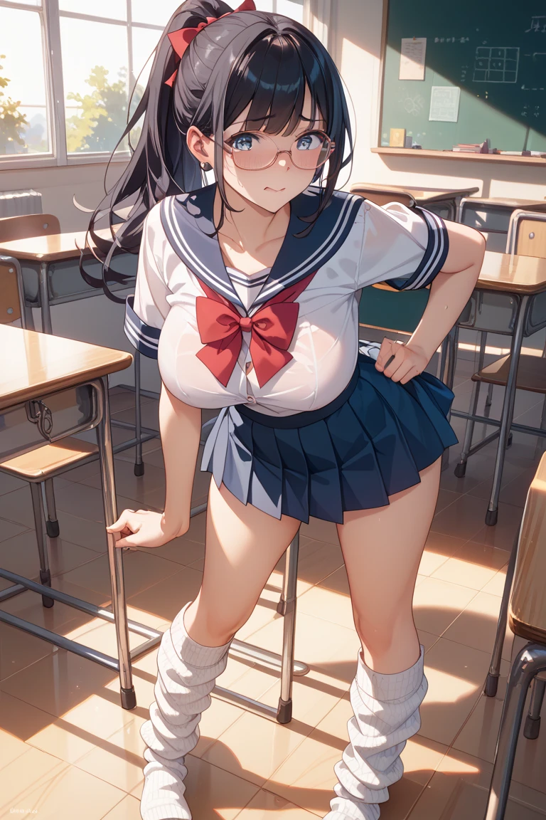 (((Dark brown skin))) Azur Lane Sailor suit School Swimsuit Tall beautiful woman Black Hair Sweat (((Folded ponytail))) classroom Love Juice ?????? nipples (((Happy Rakuten)))