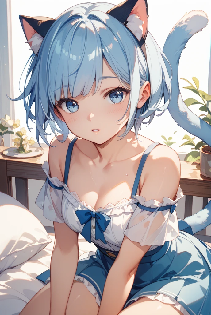 high quality, 最high quality、 Stylish design, (((The cutest girl))), ((Thin legs))、(((最high quality))), High resolution, ((detailed)), ((masterpiece)), ((Super detailed)), 16-year-old girl、(Inner color hairstyle）、((Poses that emphasize the breasts)),,((High ,Summer clothes)),((Sexual)),((Top view))
