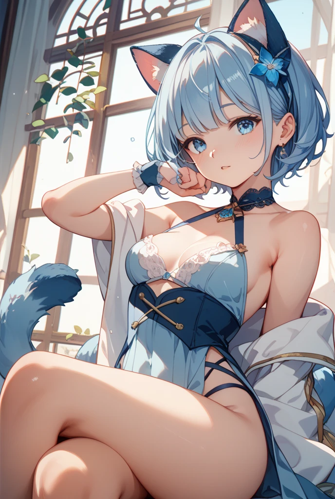 (Best quality, 8k, 32k, Masterpiece, UHD,:1.2),RAW, 1girl,ultra cute , natural lighting,transparent shining eyes, 20yo ,fair complexion, long hair, french braid, flushed face,femur, blue hair, cat ear, long hair, half updo, ((blue bra and panties:1.3)), ((all fours)), From Below, medium breast, Emphasizing the Cleavage, cool, sexy, lace trim, lace Details, nude, ?????, on bed, shiny, wedgie, heart mark, ((cat tail)), Closeup shot
