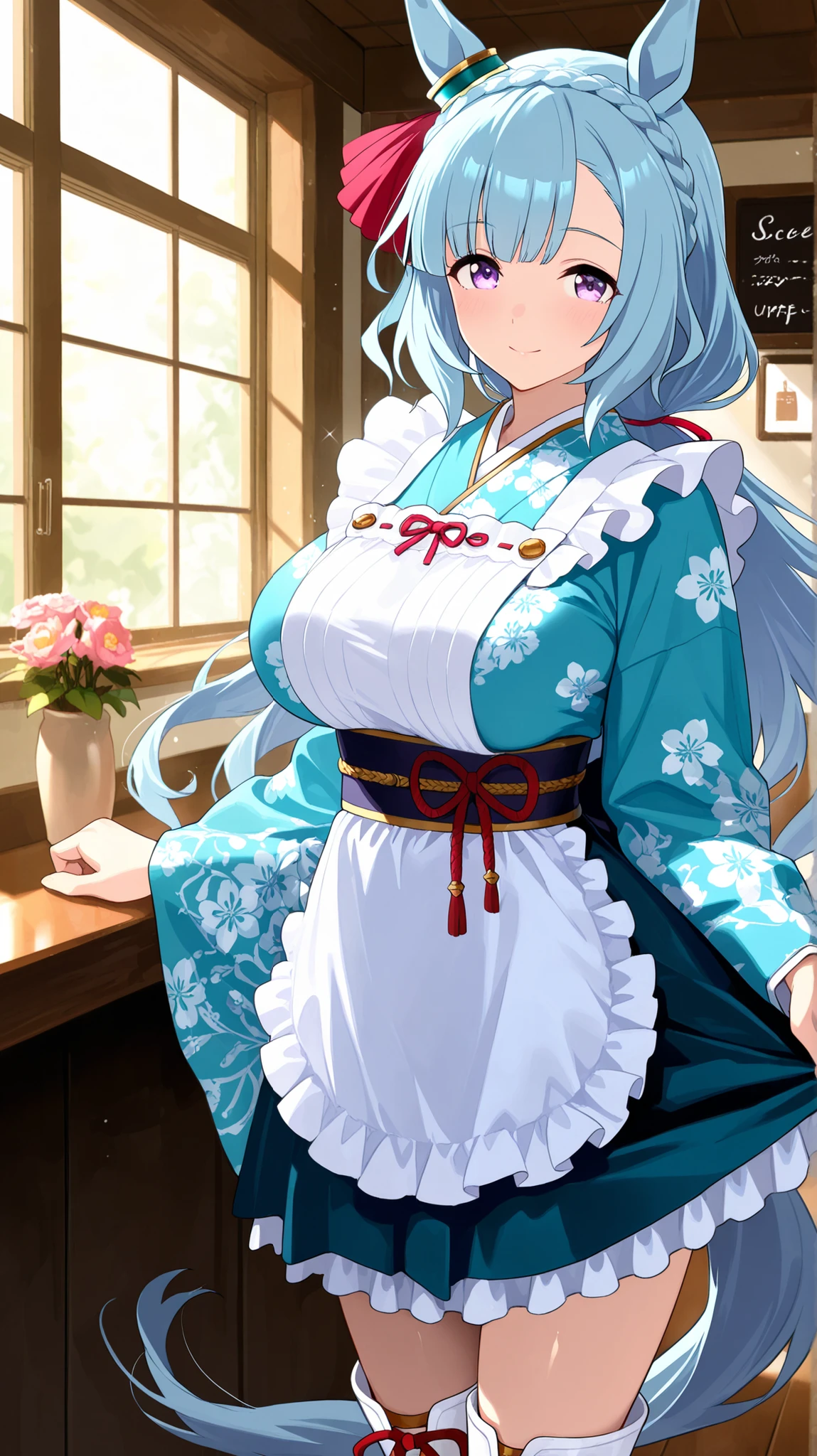 master piece, professional quality, high resolution, 8k, ultra detailed, Ruffled Apron, Light blue kimono, Kimono maid, Flower patterned kimono, Cross-laced white boots, mejiro ardan /(umamusume/),1 girl, solo, so beautiful , Cute girl, Very pretty, Beautiful girls, light blue hair, long hair, (low ponytail), Very smooth and beautiful hair, crown braid, light purple eyes, shiny eyes, detailed eyes, Horse ears, big breasts, horse tail, cheerful , beautiful face and skin, smooth skin, horse ears, ear ornament, high brightness, sunbeam, light sparkles, The interior is bright with light coming through the windows, cowboy shot, look at viewer, Hold the skirt with hands, Inside the Japanese-style cafe, Antique Interior, Stylish interior, score_9, score_8_up, score_7_up,
