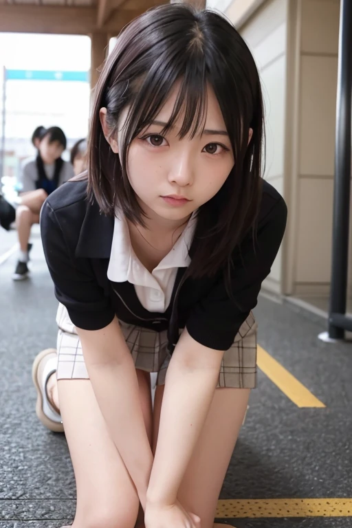 highest quality, Ultra-high resolution, Highly detailed skin, Physically Based Rendering,(shirt with wide open chest、mini skirt),((from below))) ,(((The young face of a 14 year old,Japanese high school girl、Place both hands on the ground、Topless leaning forward,No bra)))(((panty shot.showing panties,squatting,open legs wide)))Small breasts, I can see the nipples too, from the front,))),(Japanese school girl uniform),(Beautiful background:1.2), (Cleavage), (Show me her white panties)Long black hair, open chest shirt