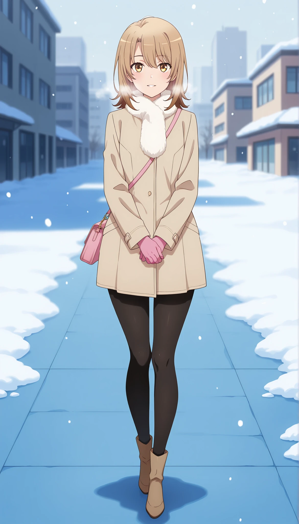 anime screencap, masterpiece, best quality,

1girl, solo, parted lips, light smile, blush, breath,
medium hair, multicolored hair, light brown hair, brown hair, yellow eyes, hair between eyes,
white scarf, fur collar, brown coat, handbag, pink gloves, black pantyhose, wide hips,
own hands together, full body 
cowboy shot, standing, looking at viewer,
winter, snow, snowing, school, city, outdoors, blurry background