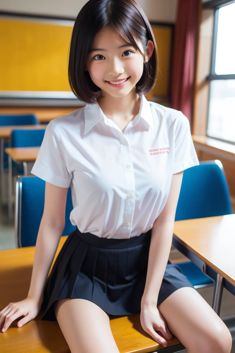 table top, highest quality, 8K, 15 year old naked girl, small breasts、((Big eyes))、(((smile))),学校のclassroom,(((view audience))),RAW photo, absurd,(((nude))), award winning portrait, smile, alone, daytime, idol face, delicate girl, Upper body, Digital single-lens reflex camera, looking at the viewer, Frank, Sophisticated, thin arms, Soft rays、professional lighting, chromatic aberration, (Eye and face details:1.0), ((realistic))、1 girl, ((Female Student Uniform)), look at the audience, young face、Satisfied look, (( open your legs、open your legs、Main crotch)),show your chest、classroom、chest comes out