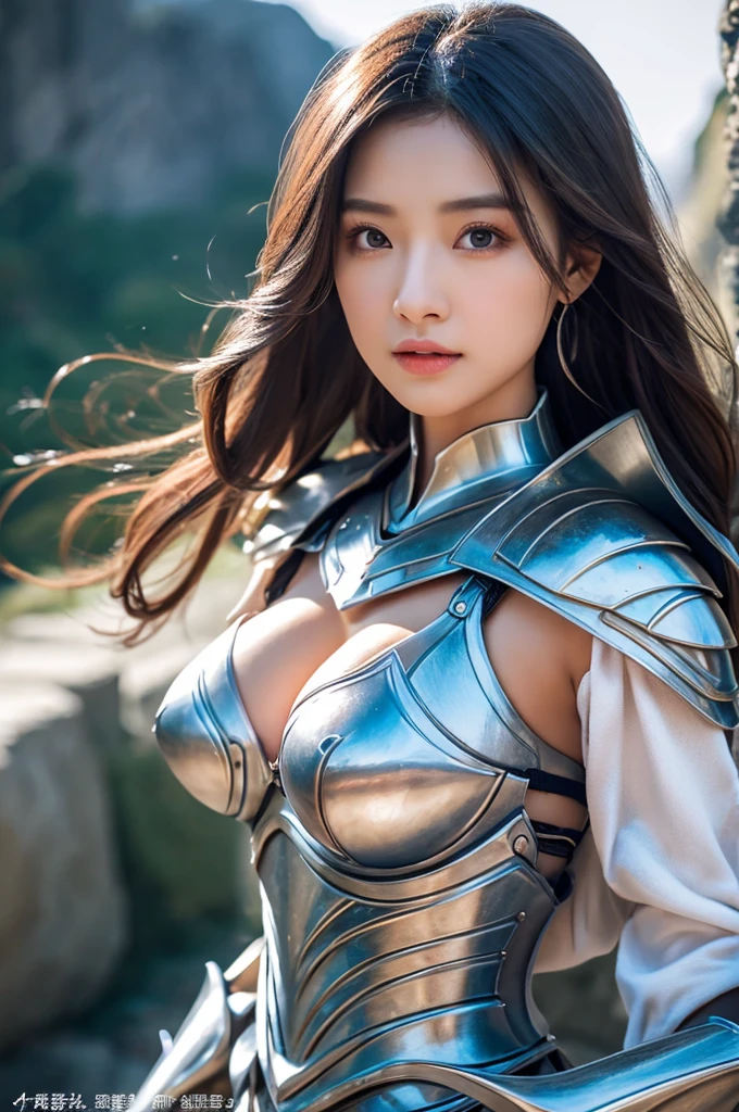 Close-up of a woman in armor and a purple cape, ponytail,Large Breasts,China'Three Kingdoms, Genghis Khan,Xianxia Hero, Chinaの戦士,Perfect beauty: 1.4, Highly detailed face and skin texture, fine grain,double eyelid, Whitening skin,Highest quality,Ultra-high resolution