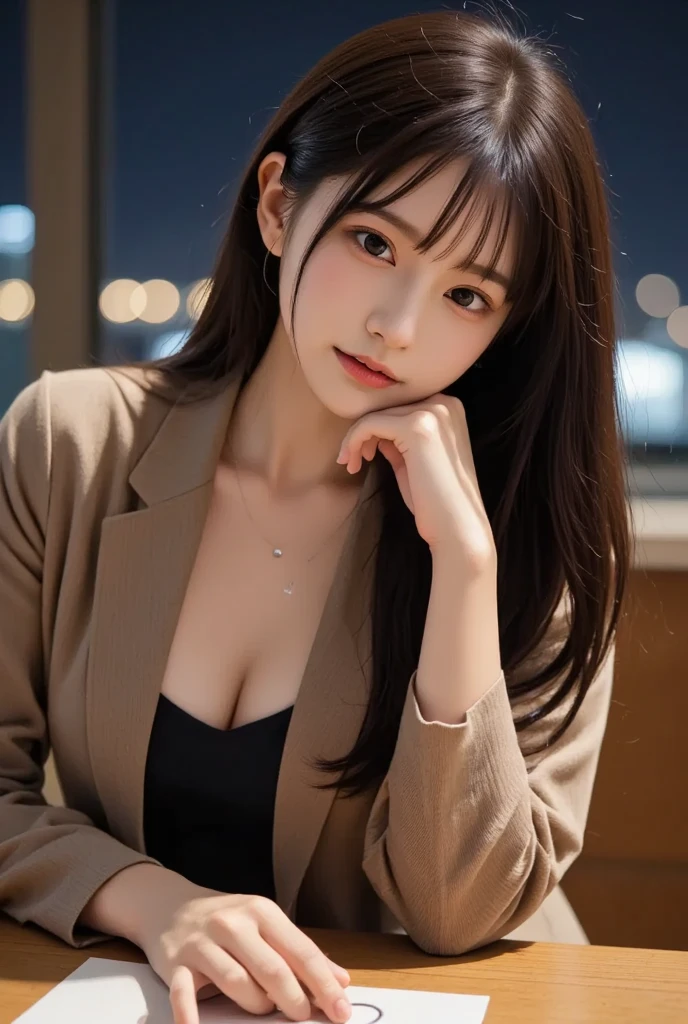masutepiece, Best Quality, Illustration, Ultra-detailed, finely detail, hight resolution, 8K Wallpaper, Perfect dynamic composition, Beautiful detailed eyes, Natural Lip,blazer ,, cleavage, Full body