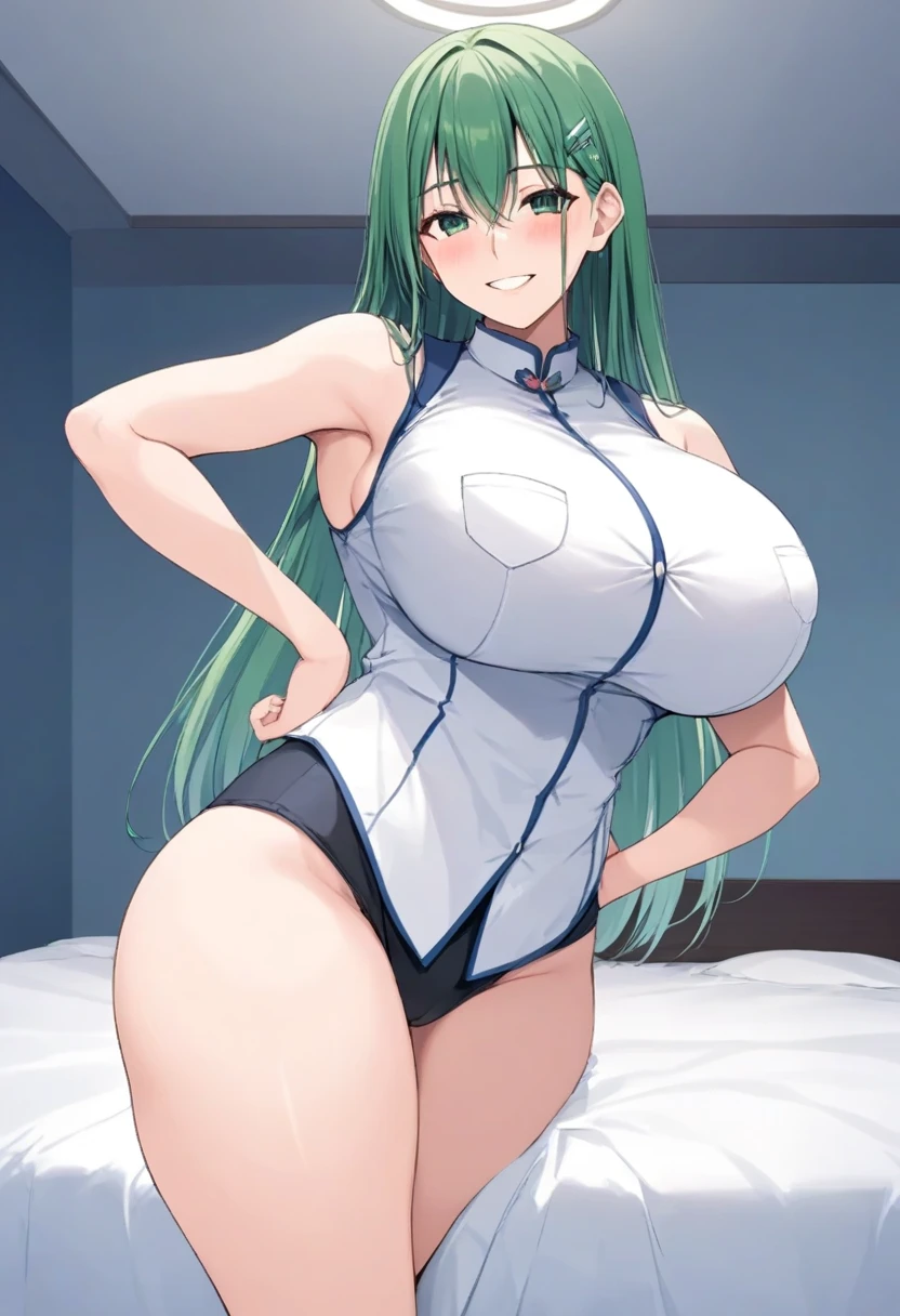 girl with turquoise long blue hair with green and pink streaks, pink eyes with stars, pale skin, hourglass body, thick red lips, a beautiful face, big tits, in her bed with short pink pajamas, in doggy position