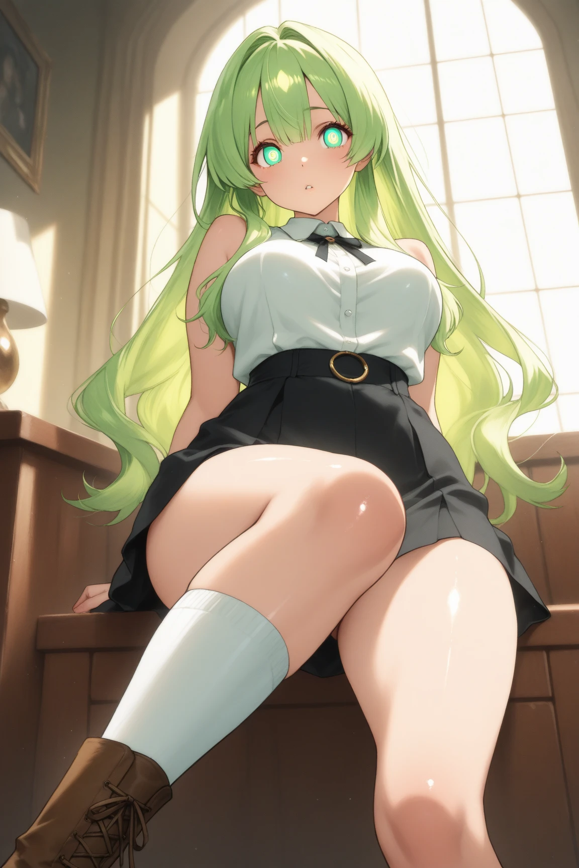 1 girl, hair green,  outfit, sunset, room, 