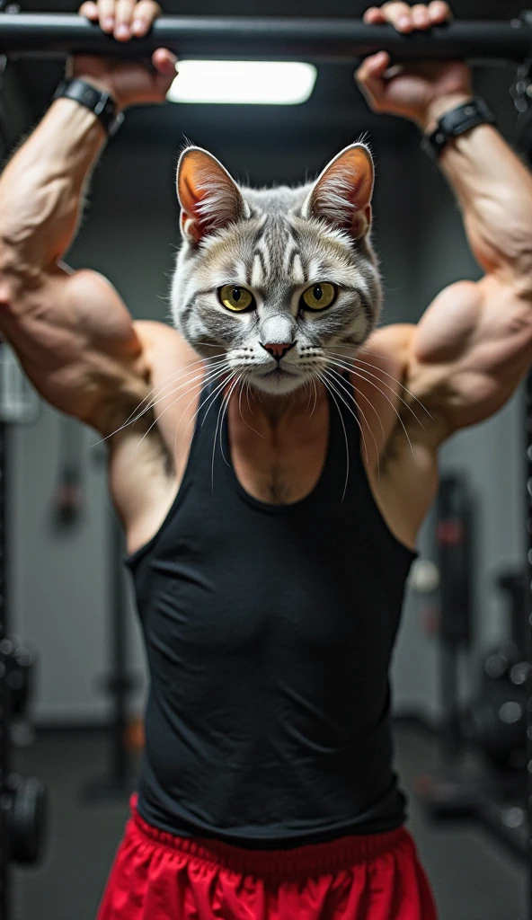 Make a muscular, muscled, gym-bound male cat with a big, toned butt being admired by a small, slender, curvy female cat