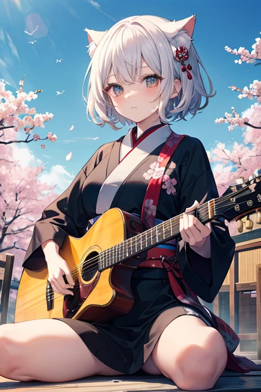 masterpiece,best quality,high quality,ultra-detail,anime style,solo,1 little girl,hair between eyes,silver hair,yellow eyes,messy hair,bob hair,short hair,long sideburns,1girl,hair ornament,tsurime,smirk,solo,instrument,hair flower,flower,moon,playing instrument,petals,skirt,japanese clothes,jewelry,kimono,cherry blossoms,(guitar:1.3),holding,parted lips,floral print,electric guitar,wide sleeves,music,yellow eyes,choker,bangs,pleated skirt,black choker,holding instrument,night,plectrum,necklace,outdoors,obi,pink flower,blue skirt,sky,long sleeves,sash,standing,blurry,star (sky),full moon,breasts,cowboy shot,looking away,bracelet,open clothes,starry sky,night sky,collarbone,short kimono,depth of field,print kimono,tree,blurry background,kimono skirt,white kimono,hakama,falling petals,blush,pendant,hakama skirt,jacket,blurry foreground,miniskirt,nail polish,looking down,collar,looking to the side,floating hair,flat chest,, (best quality, masterpiece:1.2),