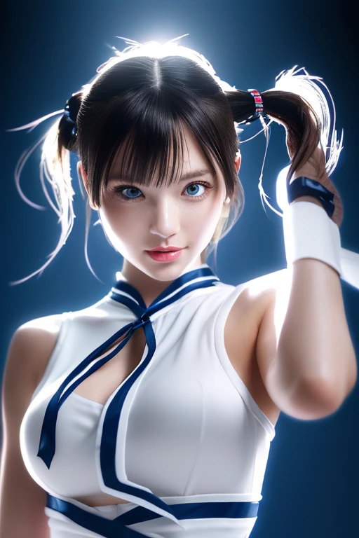 Chun Li, "rosto delicado, olhos verdes bem claros, bochechas rosadas, blonde hair, vestido floral, campo ensolarado, oil painting, ultra-detalhado, vivid colors, soft lighting, fotorrealista", cabelo com pontas vermelhas