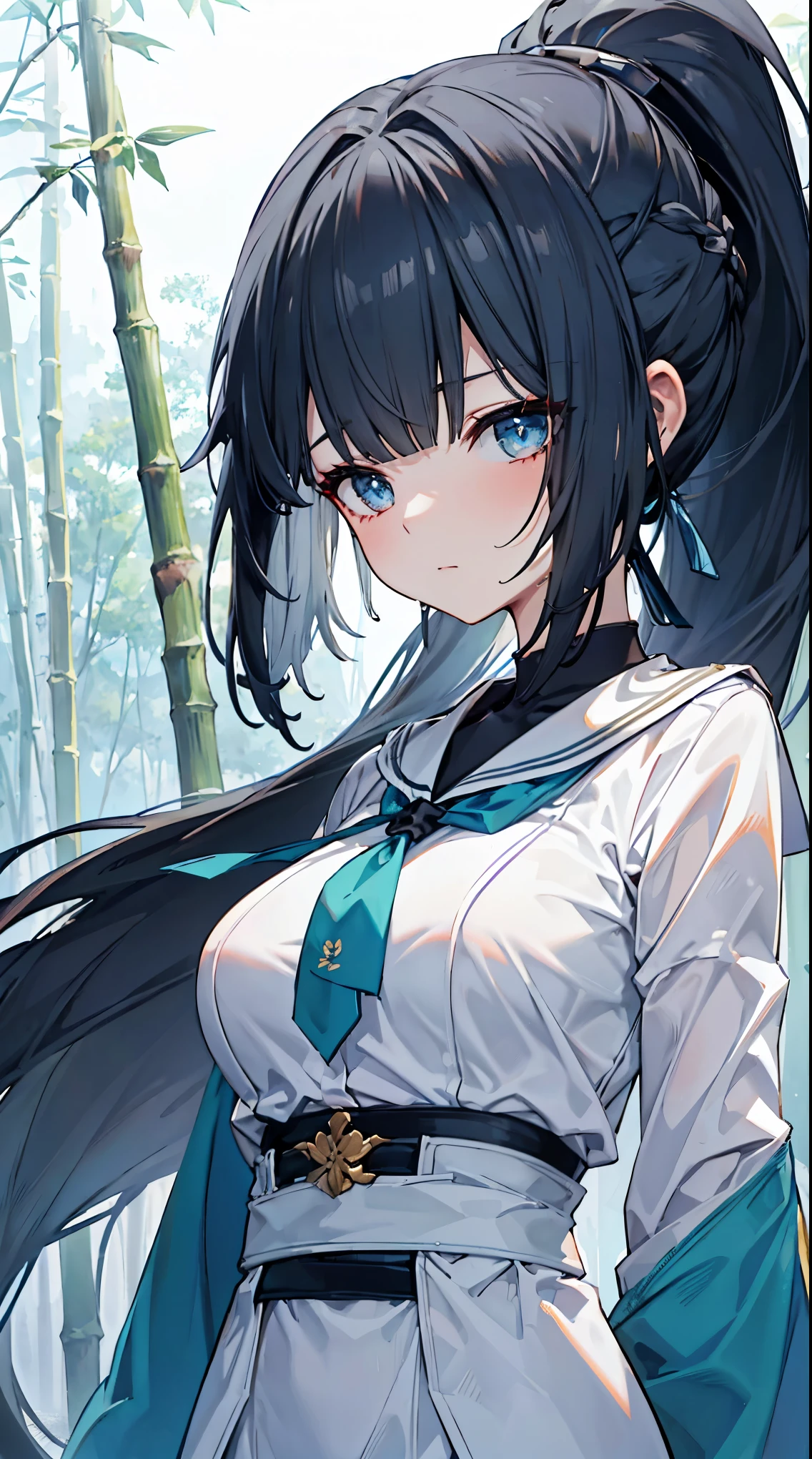 top grade 、、(Whitening skin)、black hair、ponytail,long hair、blue eyes、Petite、slender、Sailor Suit、、Big Breasts、bamboo forest、sweat,