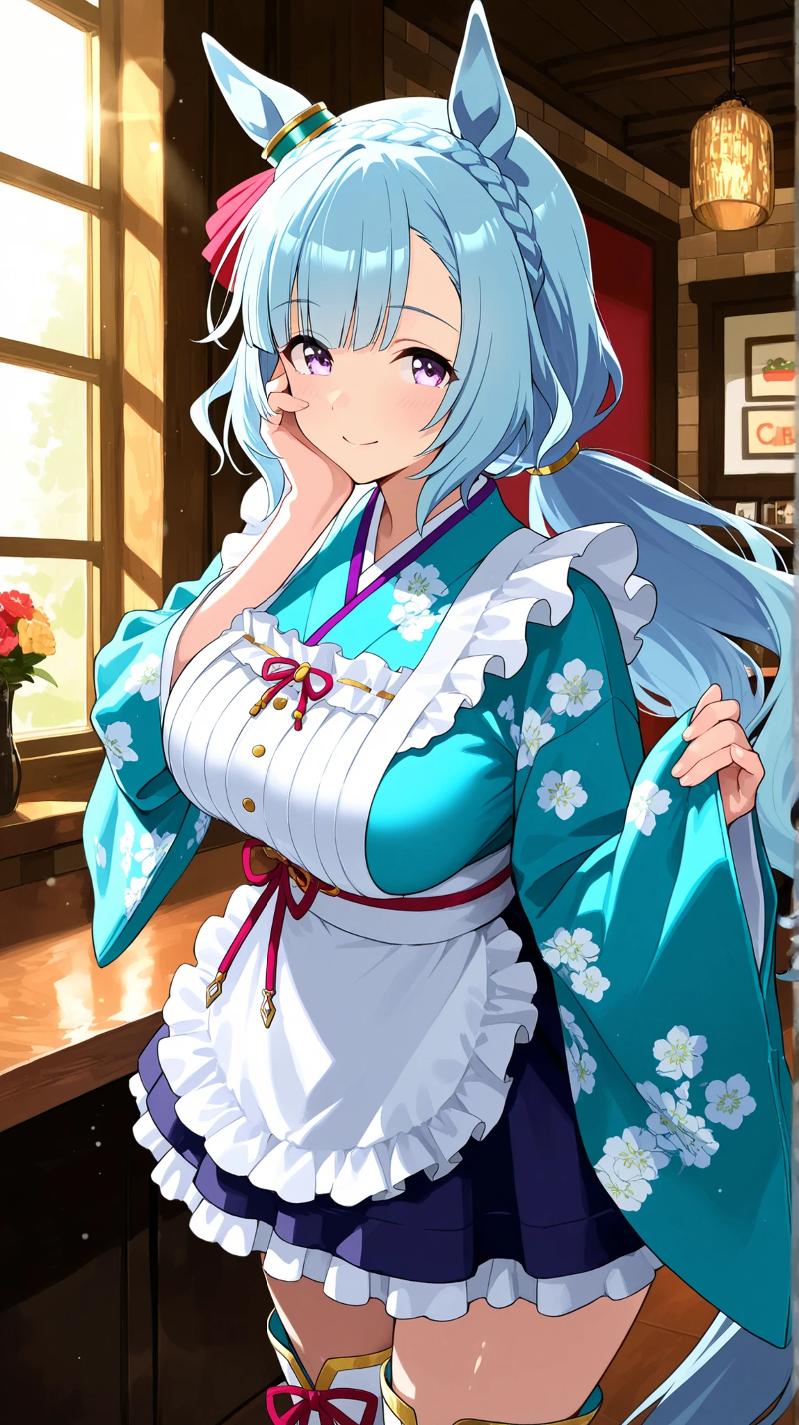 master piece, professional quality, high resolution, 8k, ultra detailed, Ruffled Apron, Light blue kimono, Kimono maid, Flower patterned kimono, Cross-laced white boots, mejiro ardan /(umamusume/),1 girl, solo, so beautiful , Cute girl, Very pretty, Beautiful girls, light blue hair, long hair, (low ponytail), Very smooth and beautiful hair, crown braid, light purple eyes, shiny eyes, detailed eyes, Horse ears, big breasts, horse tail, cheerful , beautiful face and skin, smooth skin, horse ears, ear ornament, high brightness, sunbeam, light sparkles, The interior is bright with light coming through the windows, cowboy shot, look at viewer, hand on own cheek, Inside the Japanese-style cafe, Antique Interior, Stylish interior, score_9, score_8_up, score_7_up,