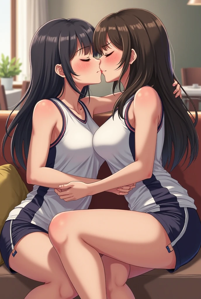 (Two beautiful young people, Perfect body, beautiful and plump breasts, classroom, high school girl, angry), Squashed chest, (Highest quality, 8K, High resolution, masterpiece:1.2), Super detailed, Realistic, photoRealistic, photo-Realistic:1.37, Portraiture, Soft and warm lighting, (hug, Symmetric docking, Breast Press:1.4), Squashed chest, (eye contact, Look at other people:1.5), Cowboy Shot, classroom, Long Hair, Black Hair, (Gym Wear, White shirt, Short sleeve, Blue shorts, Black knee socks:1.3), (Gym Wear, White shirt, Short sleeve, Red shorts, White knee socks:1.3)
