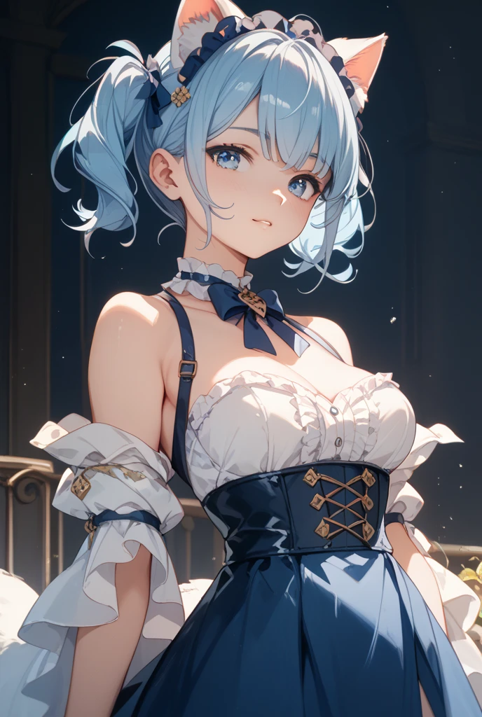 (Close-up:1.4)、(RAW shooting:1.2)、(photorealistic:1.4)、(masterpiece:1.3)、(highest quality:1.4)、solo、7 head and body、(slender and beautiful girl)、cute、(beautiful detailed eyes)、(charming big eyes)、(beautiful double eyelids)、(beautiful and detailed face)、(smile full of joy:1.3)、(Medium chest:1.2)、(cleavage)、(full body shot)、8K、(muste piece:1.2)、(pale blue hair、short bob:1.3)、(Bangs Patsun)、(headdress、white blouse、black ribbon、White Apron、ruffle skirt、puff sleeves、collar、choker、apron with fine ruffles:1.3)、White Knee High Socks、black maid costume、(Sexy model pose with chest sticking out:1.3)、cowboy shot、view audience、(small butt)、(beautiful hands)、(beautiful thighs)、cute系、(perfect anatomy:1.2)、ancient city、