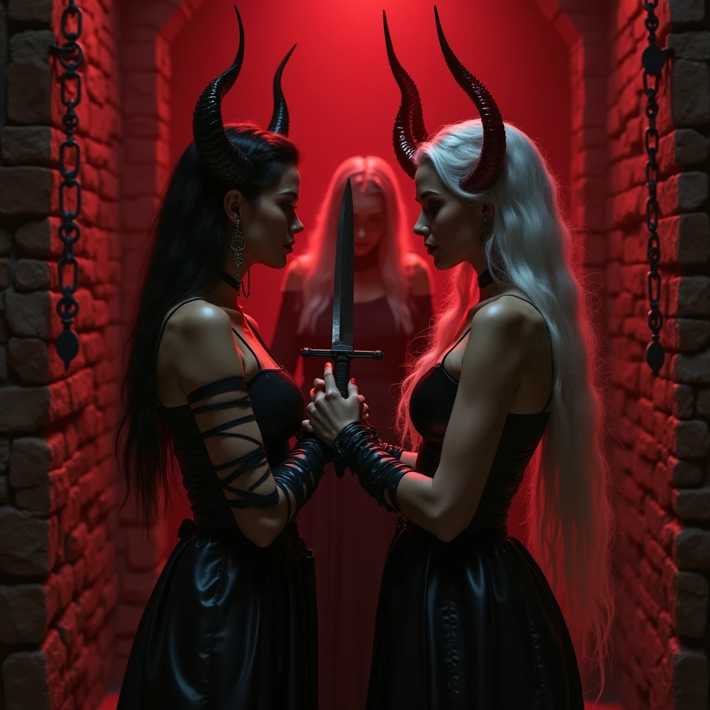 (8k, 16k, award-winning, highest quality, high resolution, intricately detailed, highly detailed, anatomically correct), cinematic lighting, (The Devil Whispers in a Woman's Ear: 1.4), The Devil is a Woman A sly face, a nihilistic smile, a two-shot, a woman and a devil, a woman in a suit, a horned devil whispering in the woman's ear, and a devil with wings, whispering in the woman's ear. speak in