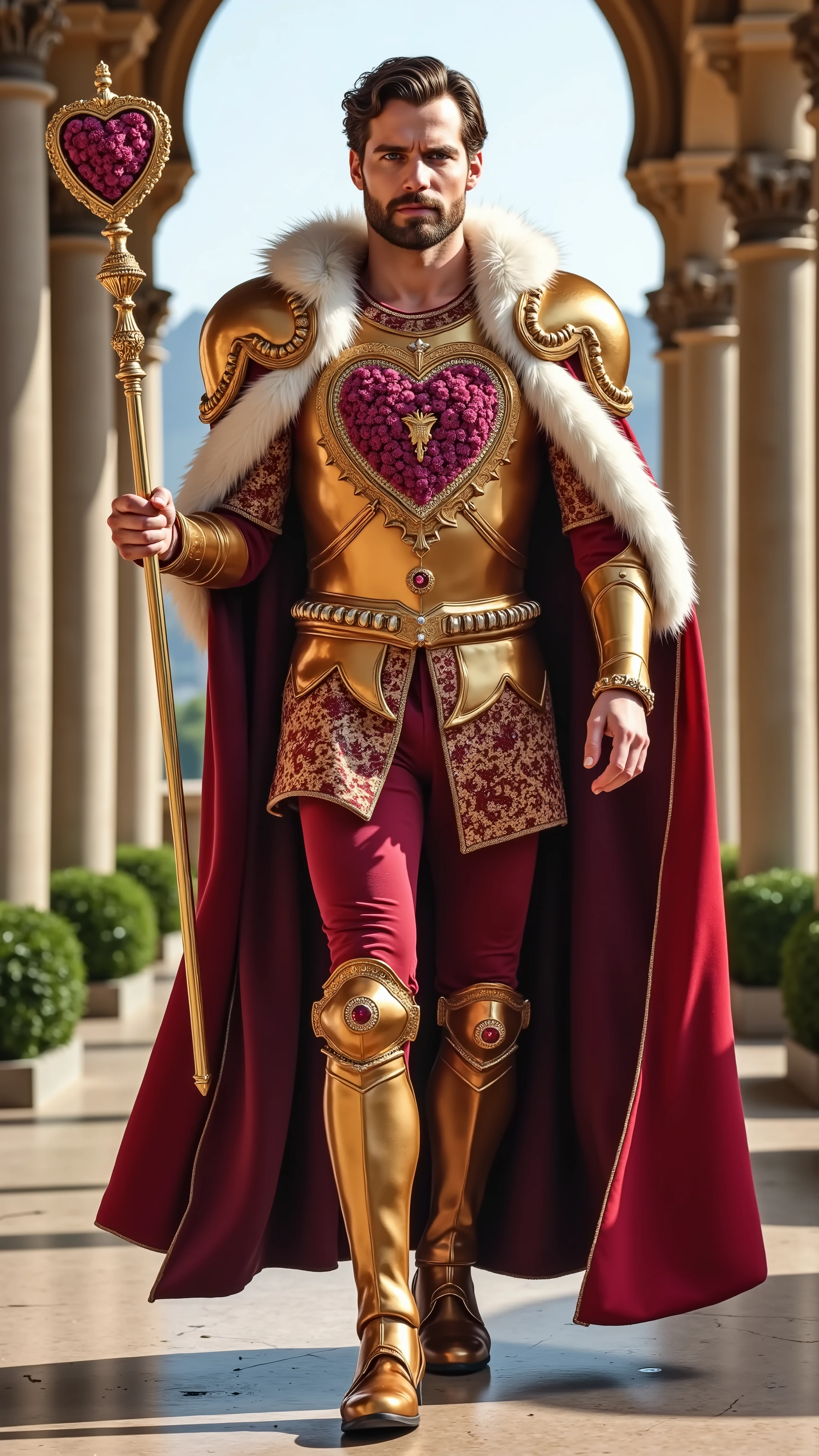 Henry Cavill reimagined as King of Hearts walking and holding a golden scepter, dramatic atmosphere, 1 male, full figure, full body,
Short, slightly wavy chestnut-brown hair neatly combed back. A trimmed beard. His blue eyes are sharp and noble. A royal crown is crafted from rose-gold, adorned with rubies.
He wears an ultra-luxurious royal armor crafted from polished rose-gold metal with an intricate swirling heart. The breastplate is adorned with clusters of rubies and small white diamonds embedded into the design. His shoulders are protected by massive, elegantly curved pauldrons shaped like blooming roses, trimmed in red gold.
A grand, thick fur mantle of white fox fur rests across his shoulders, secured with a massive heart-shaped brooch made of solid gold and a central large ruby. Beneath the armor, a deep crimson velvet tunic embroidered with golden thread adds rich texture. A wide crimson belt set with rubies and filigree golden patterns encircles his waist.
His gauntlets and high boots are crafted from soft scarlet leather, decorated with gold studs and intricate embroidery matching the motifs on his breastplate.
In his right hand, he holds an ornate golden scepter topped with a large ruby in the shape of a heart.
,shows his male character's full figure, athletic body, perfect face, full body, extremely beautiful, god, male shape, perfect anatomy, the background shows a luminous palace garden. Tall marble arches, entwined with blooming red roses and ivy, surround the courtyard. Gold-accented fountains spray crystal-clear water. Banners of crimson and gold bearing heart emblems ripple from the high towers. White doves circle overhead, and the marble pathways glisten under the brilliant sky, sunny day, photorealistic, masterpiece, realistic, high contrast, 8k, HD, high definition detailed, detailed, hyper detailed, realistic skin texture, best quality, ultra high resolution, hyper realistic, no text, very detailed eyes, dramatic lighting